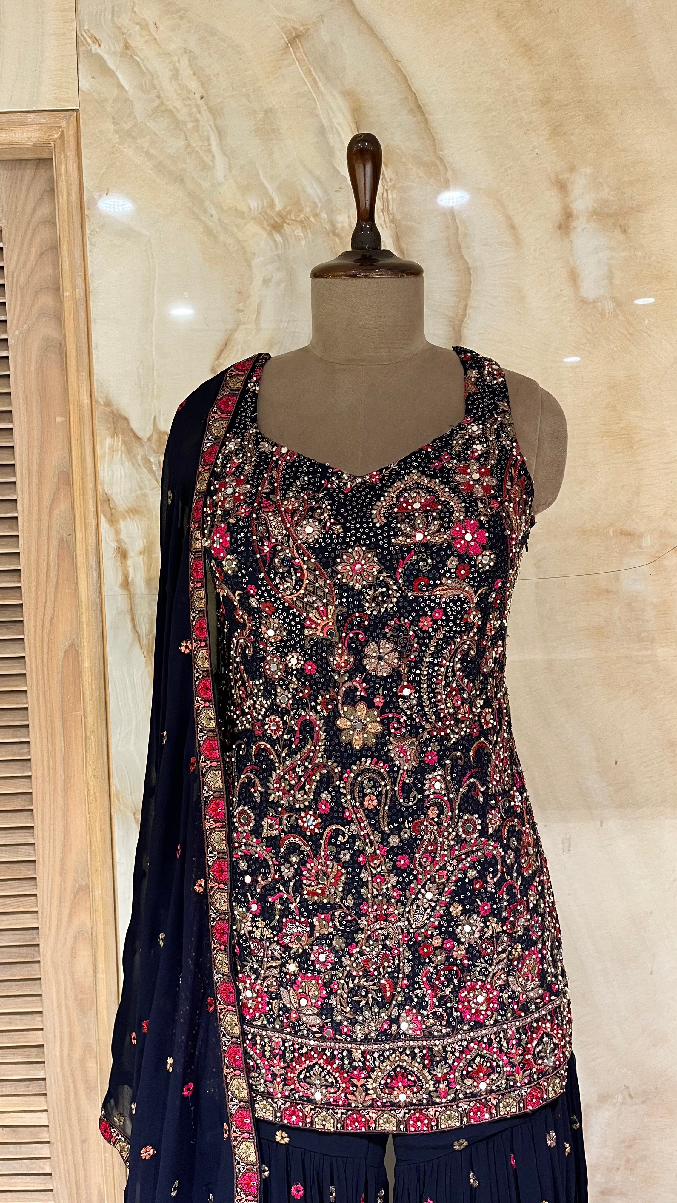 NAVY BLUE HEAVY EMBROIDERED SHARARA SUIT