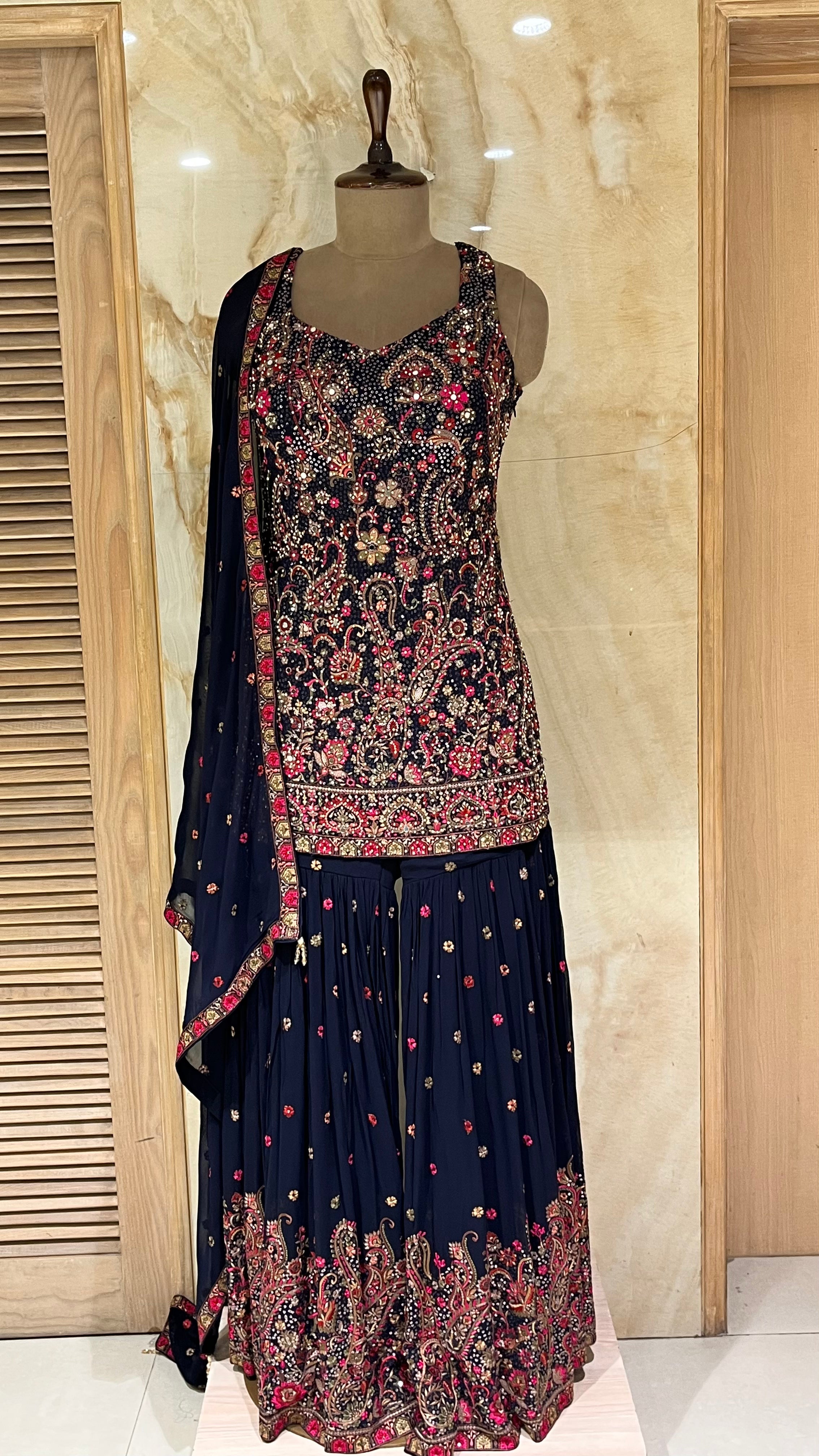 NAVY BLUE HEAVY EMBROIDERED SHARARA SUIT