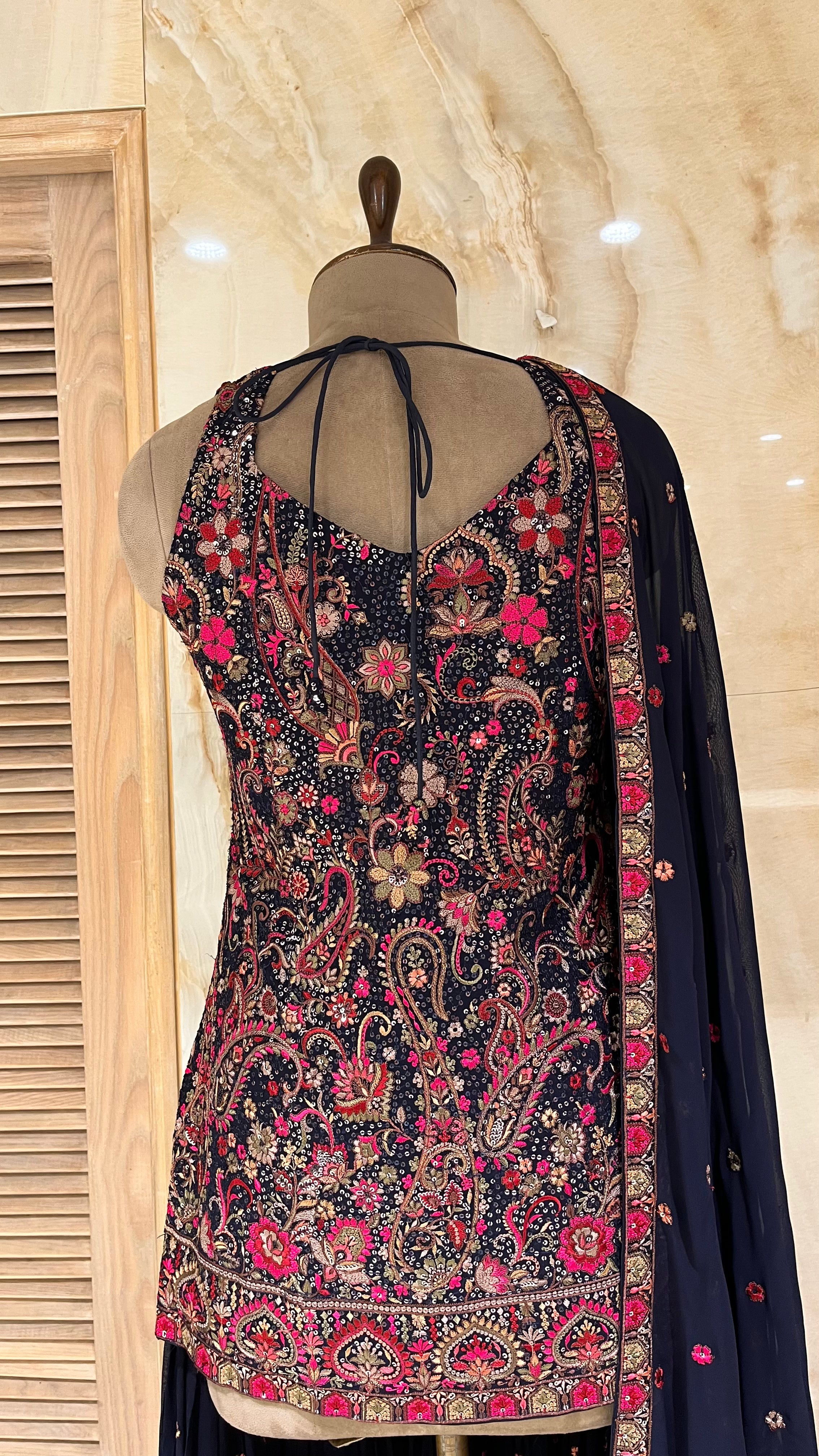 NAVY BLUE HEAVY EMBROIDERED SHARARA SUIT