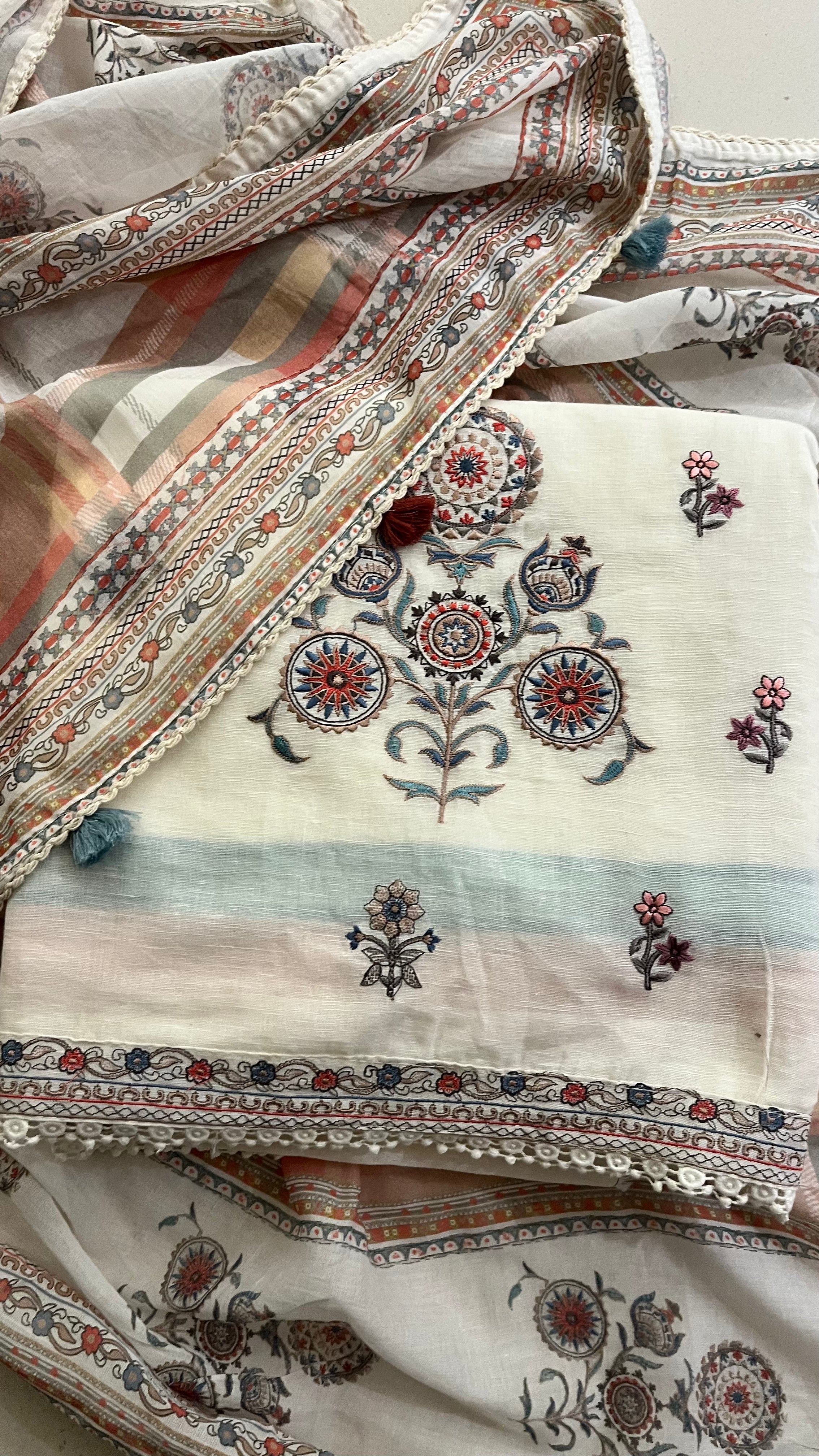 IVORY MULTI-COLOUR EMBROIDERED UNSTITCHED SUIT