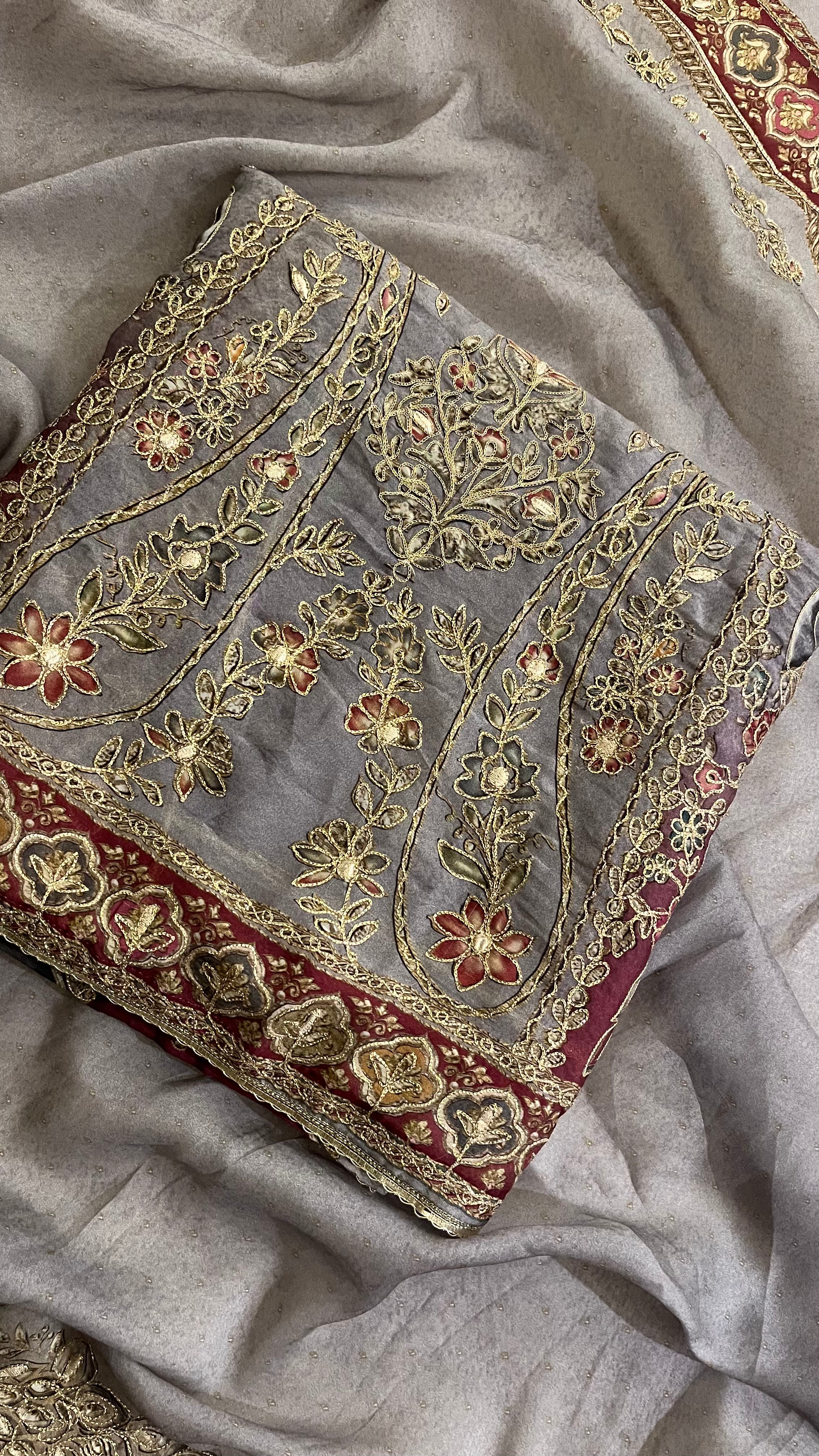 GREY MAROON EMBROIDERED UNSTITCHED SUIT