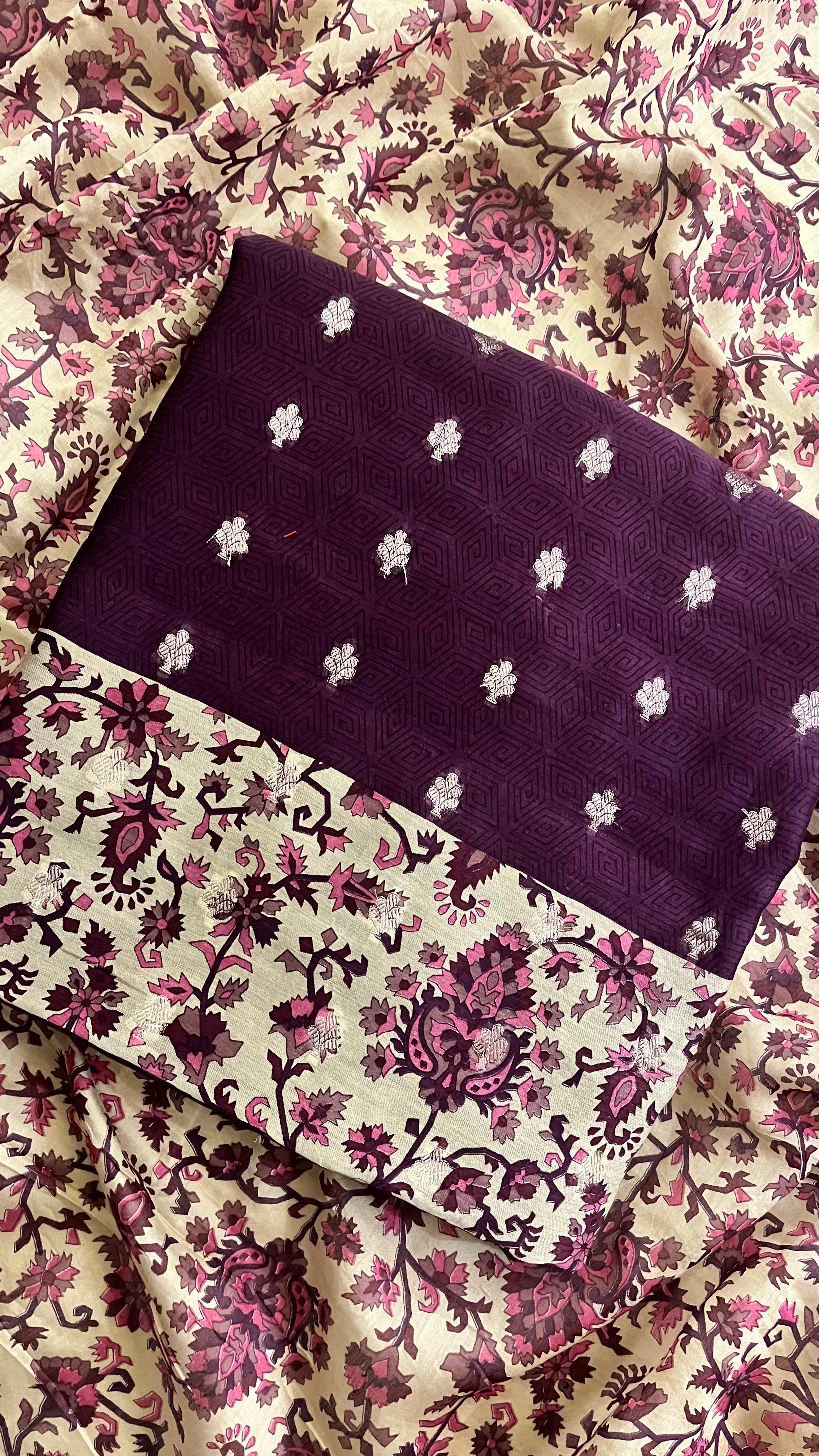 CREAM & PLUM PRINTED UNSTITCHED SUIT