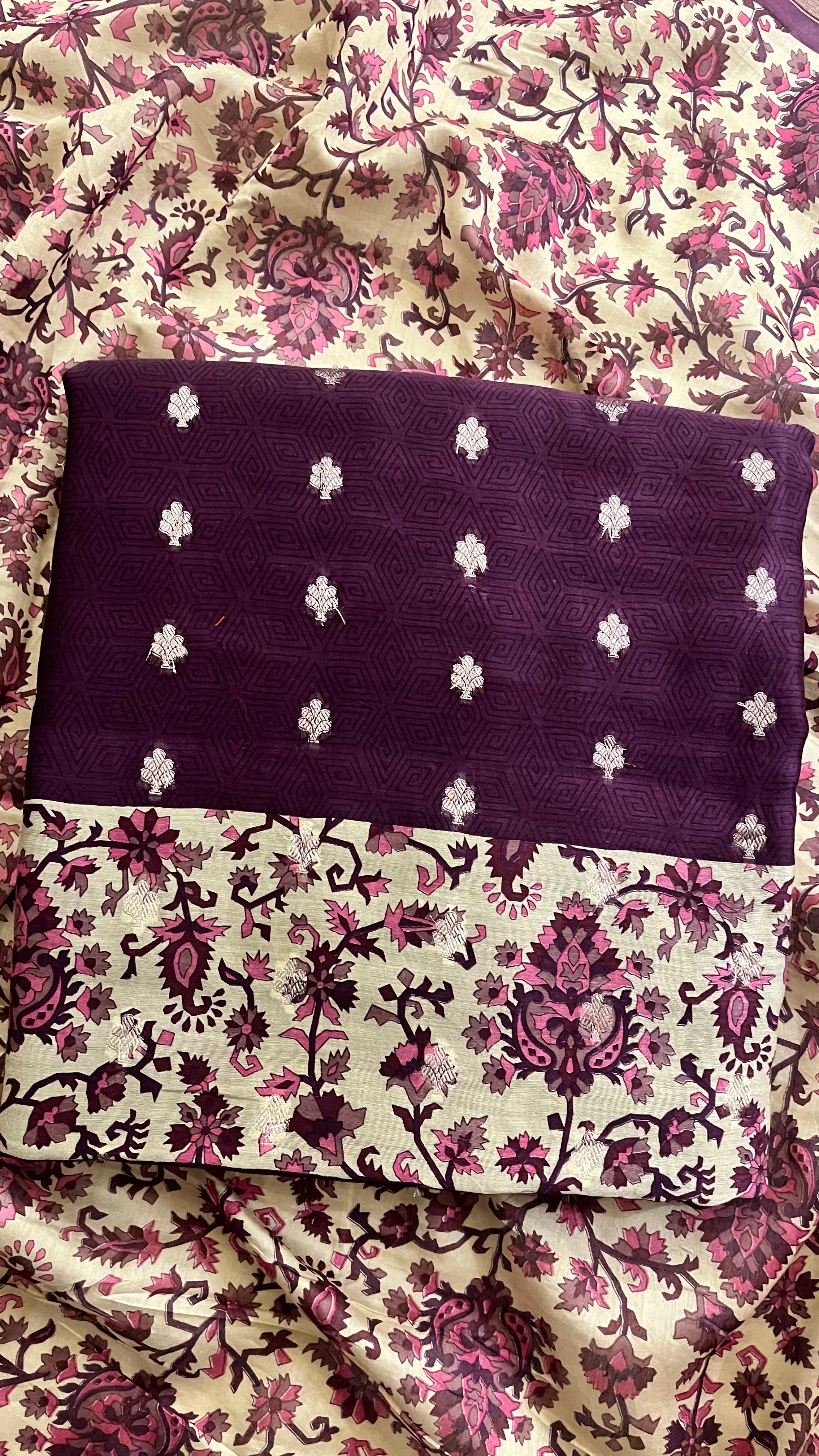 CREAM & PLUM PRINTED UNSTITCHED SUIT
