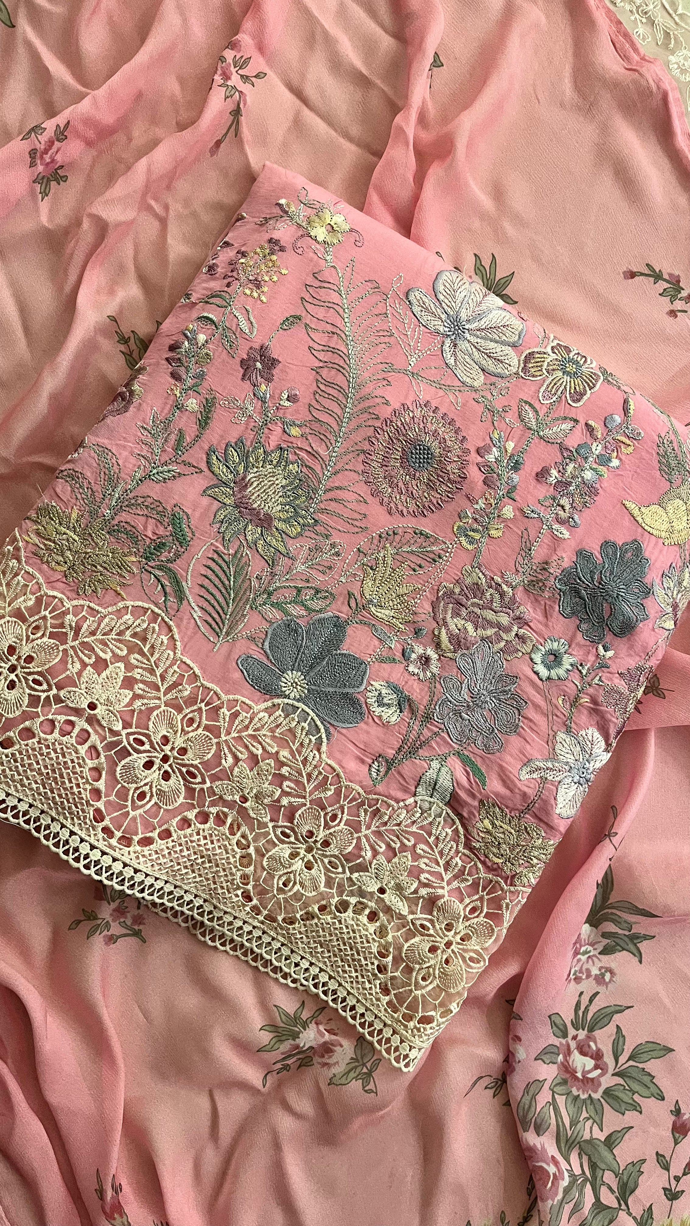 PINK FLORAL EMBROIDERED UNSTITCHED SUIT