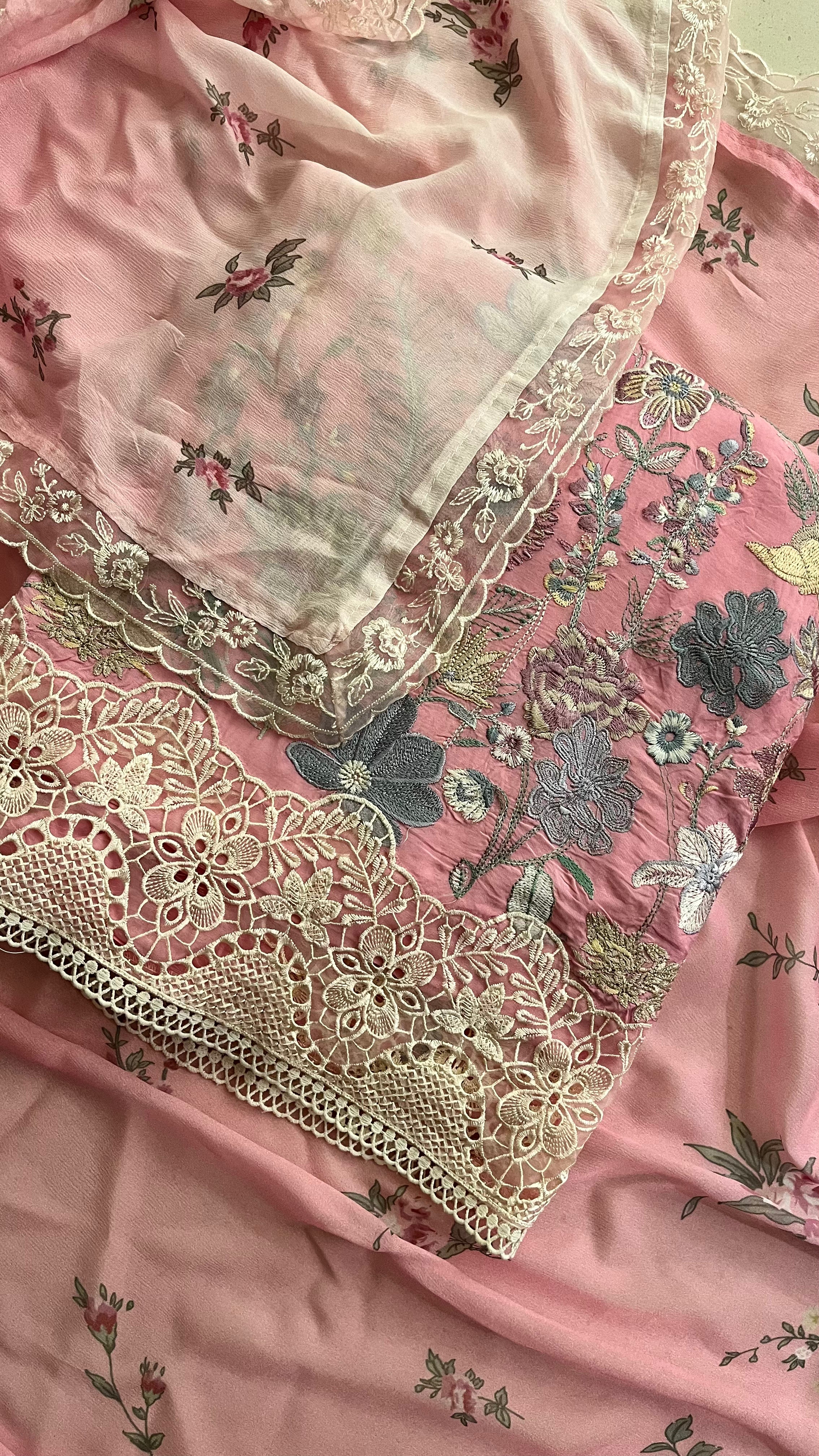 PINK FLORAL EMBROIDERED UNSTITCHED SUIT