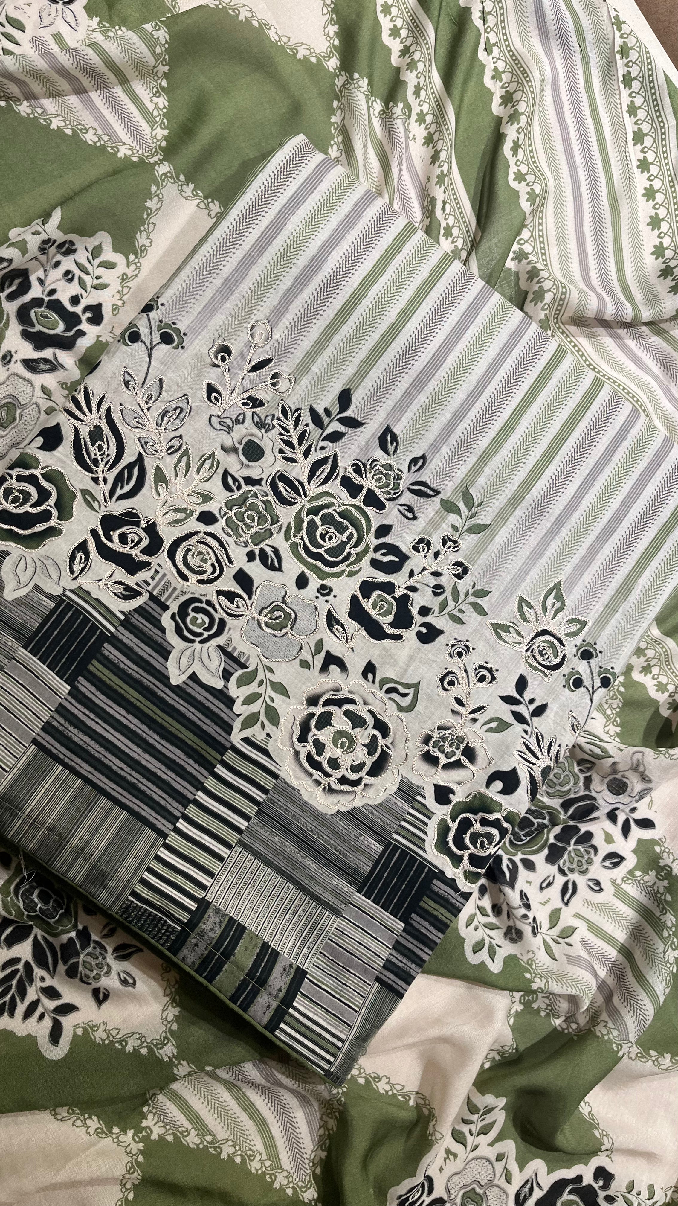 OLIVE GREEN PRINTED UNSTITCHED SUIT