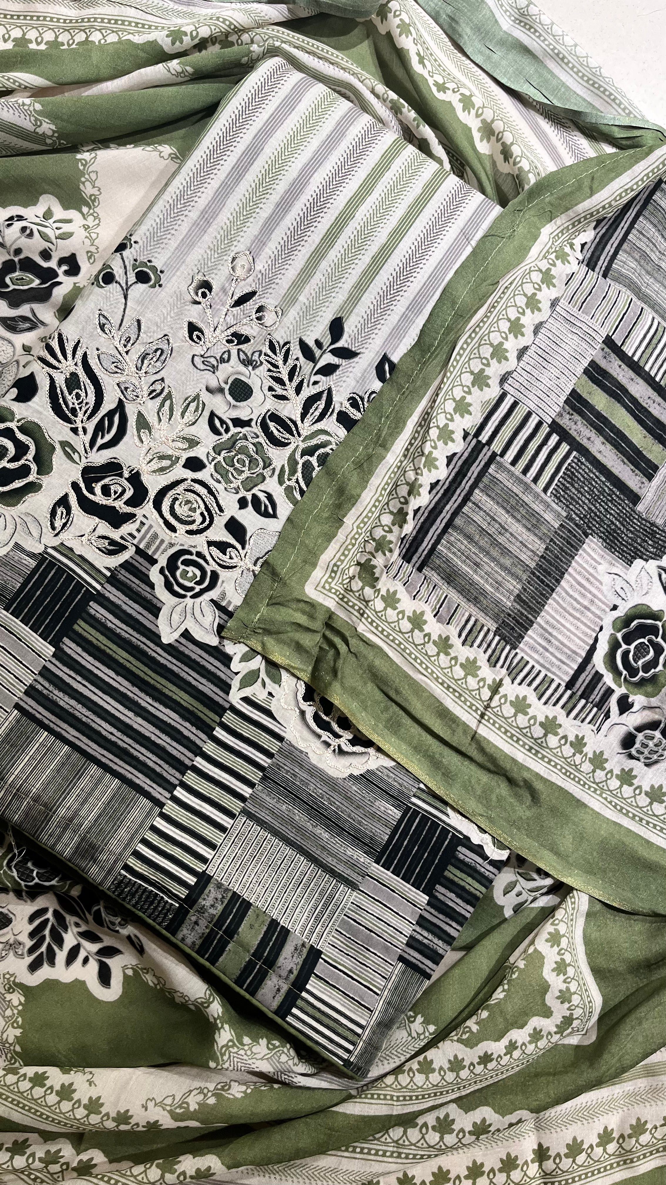 OLIVE GREEN PRINTED UNSTITCHED SUIT