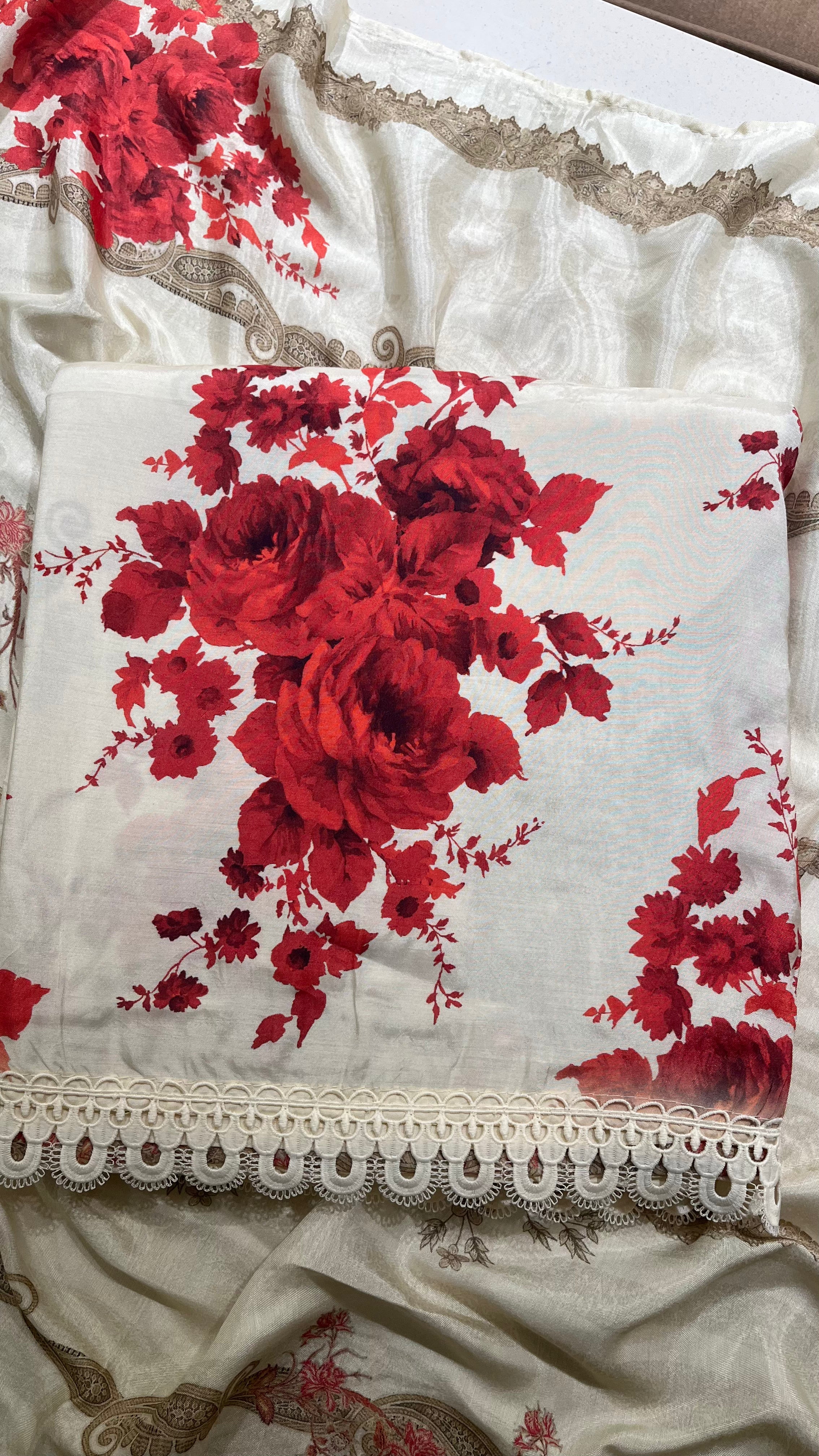 CREAM & RED FLORAL UNSTITCHED SUIT