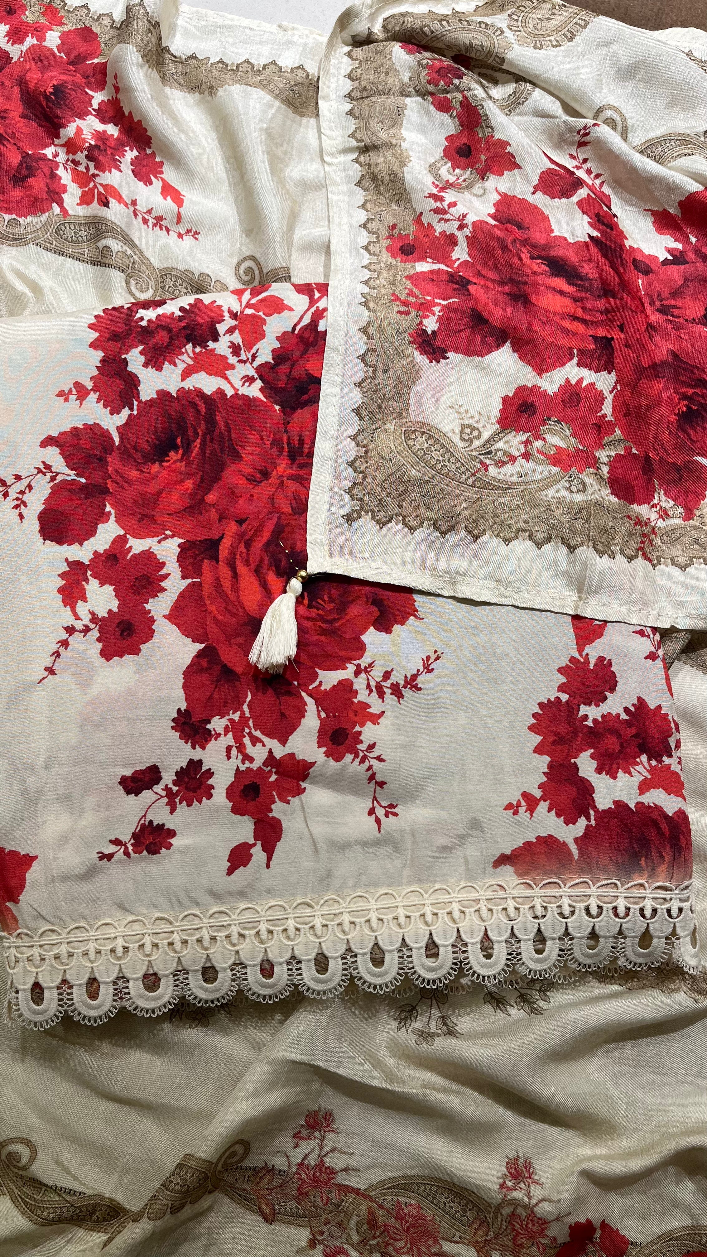 CREAM & RED FLORAL UNSTITCHED SUIT