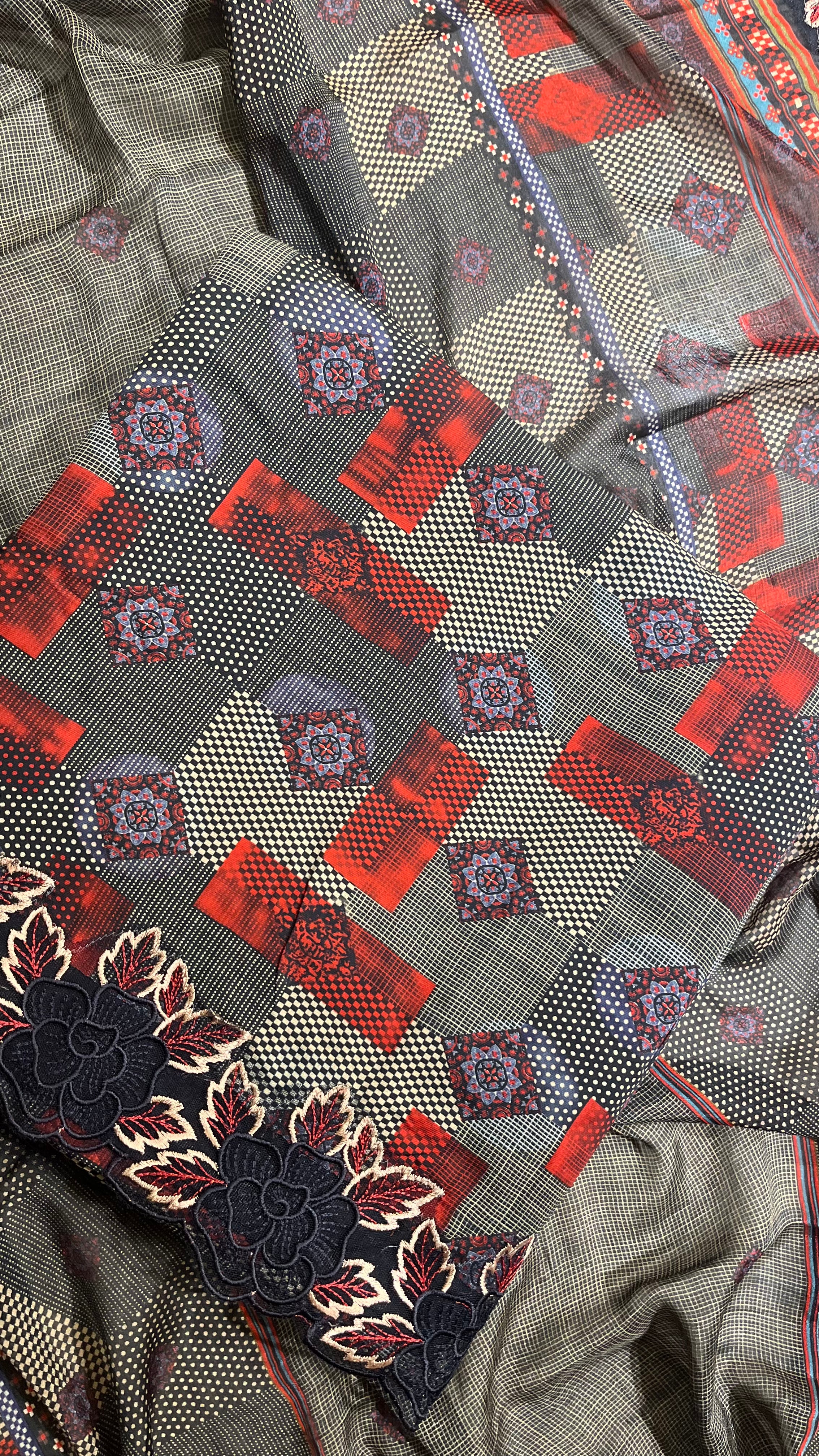 BLACK & RED PRINTED UNSTITCHED SUIT
