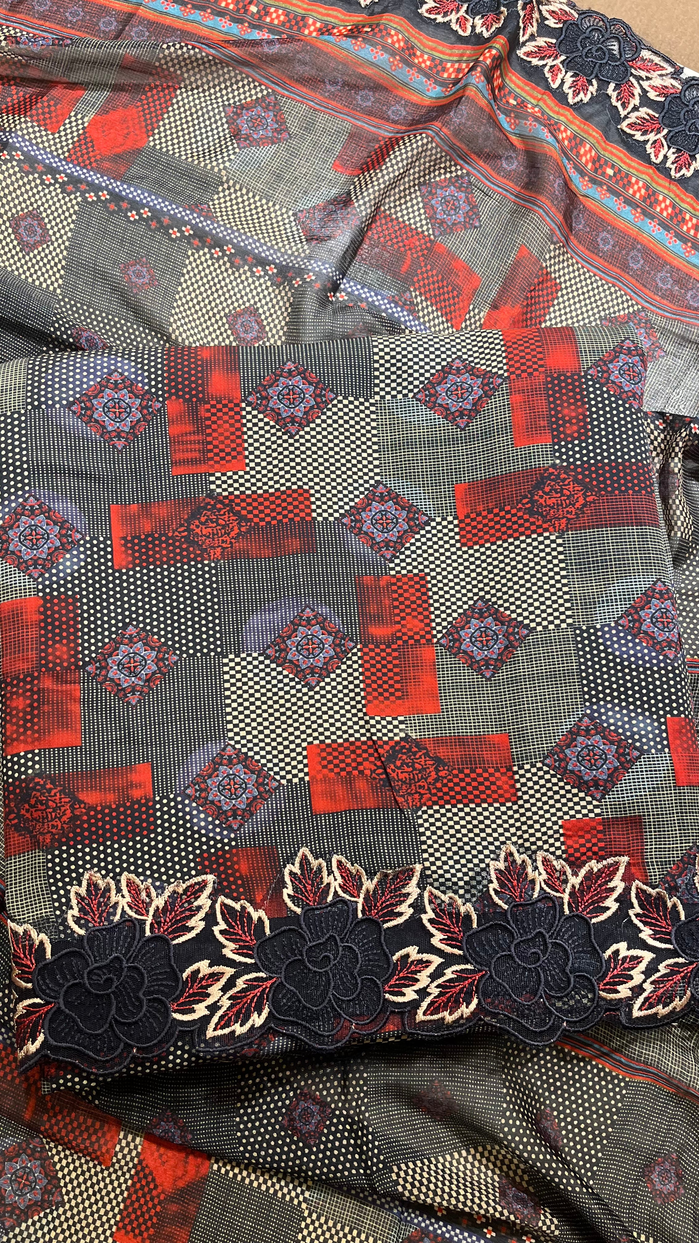 BLACK & RED PRINTED UNSTITCHED SUIT