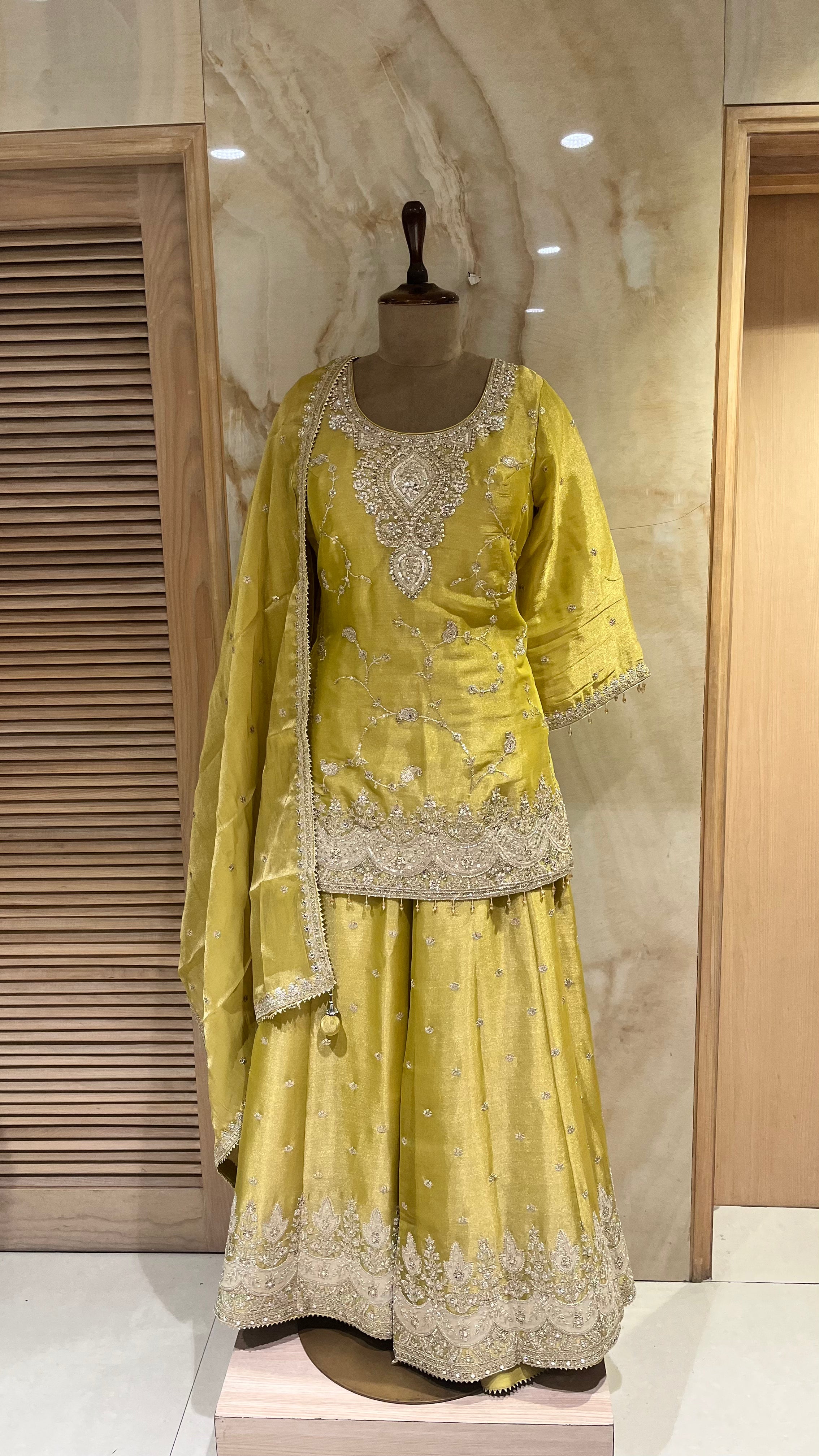MUSTARD YELLOW EMBROIDERED SHARARA SUIT