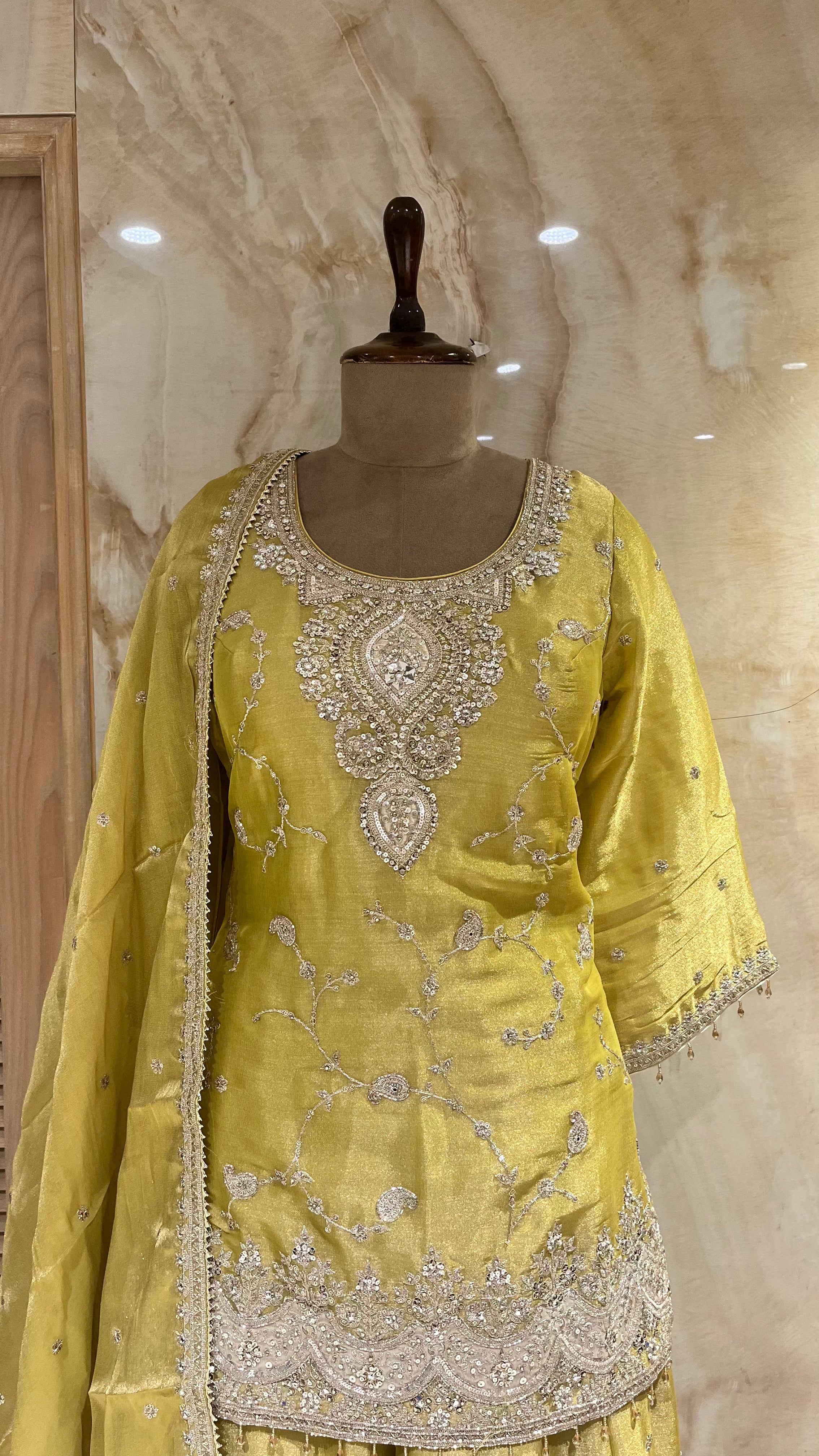 MUSTARD YELLOW EMBROIDERED SHARARA SUIT