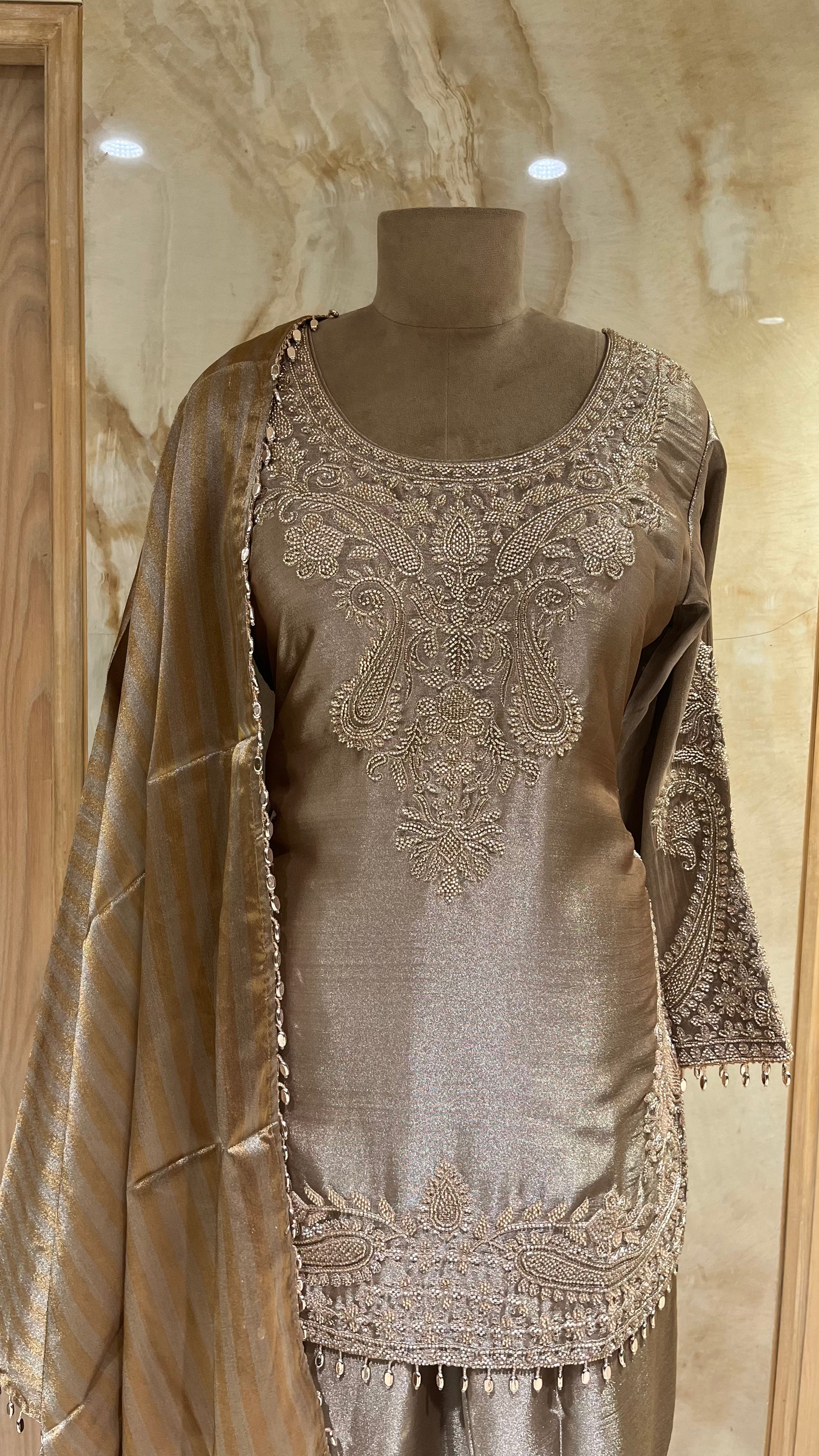 TAUPE GREY EMBROIDERED PANT SUIT