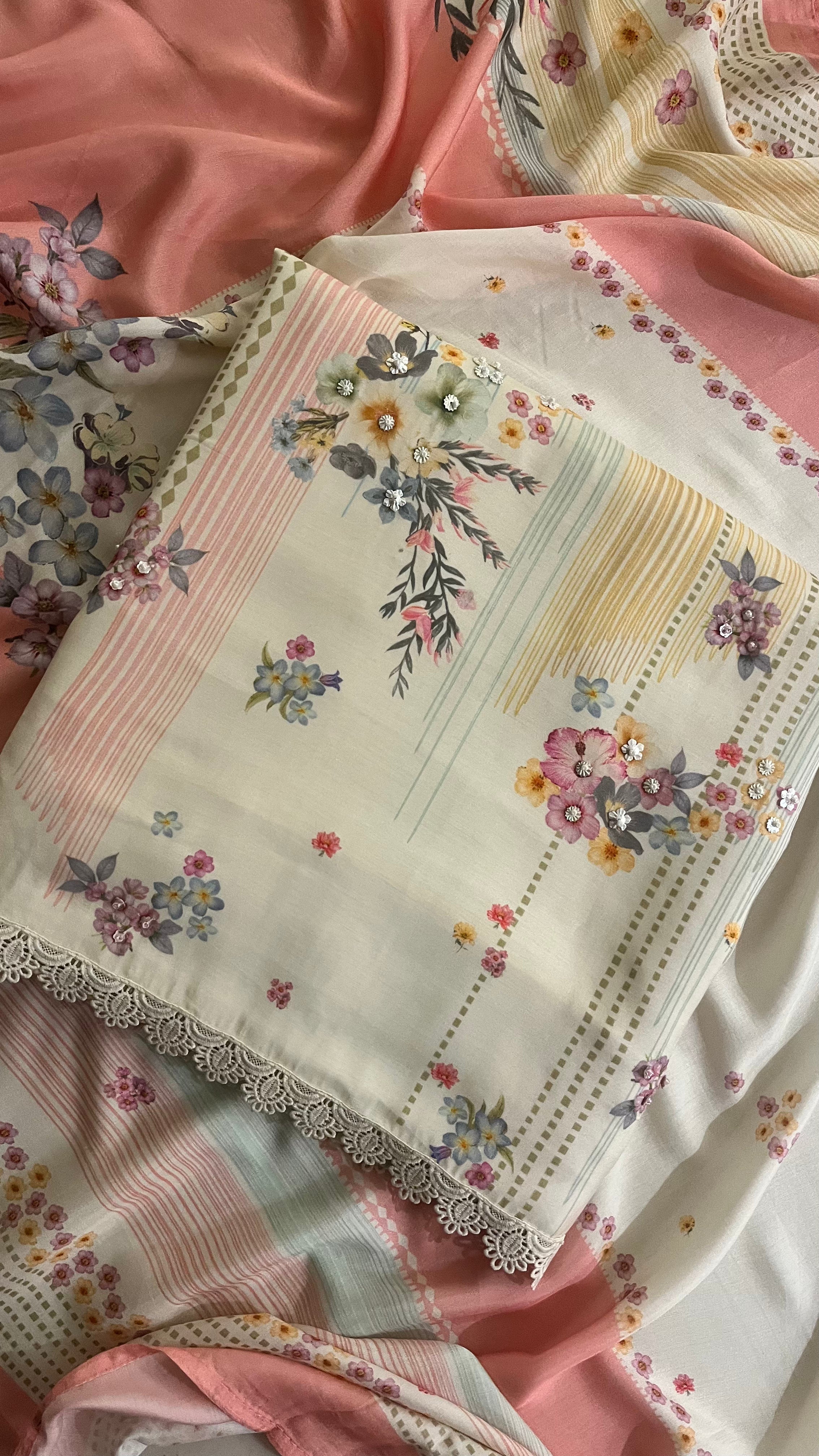 IVORY & PINK FLORAL PRINTED UNSTITCHED SUIT