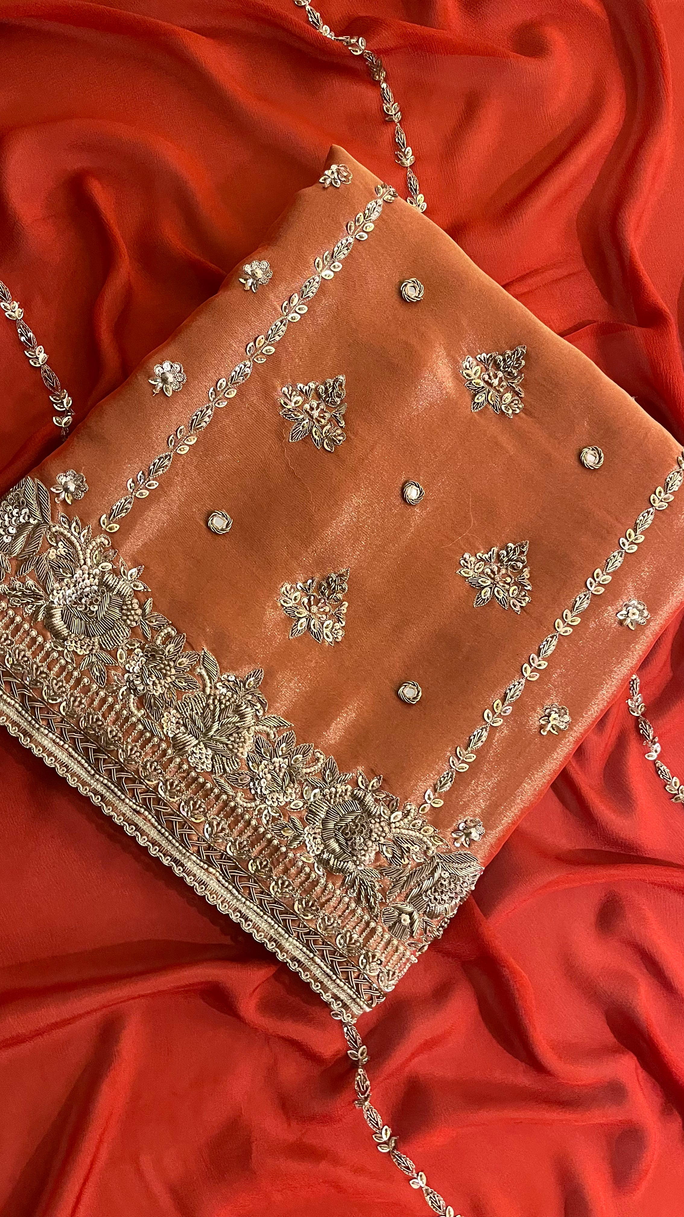 PEACH & RED HEAVY EMBROIDERED UNSTITCHED SUIT