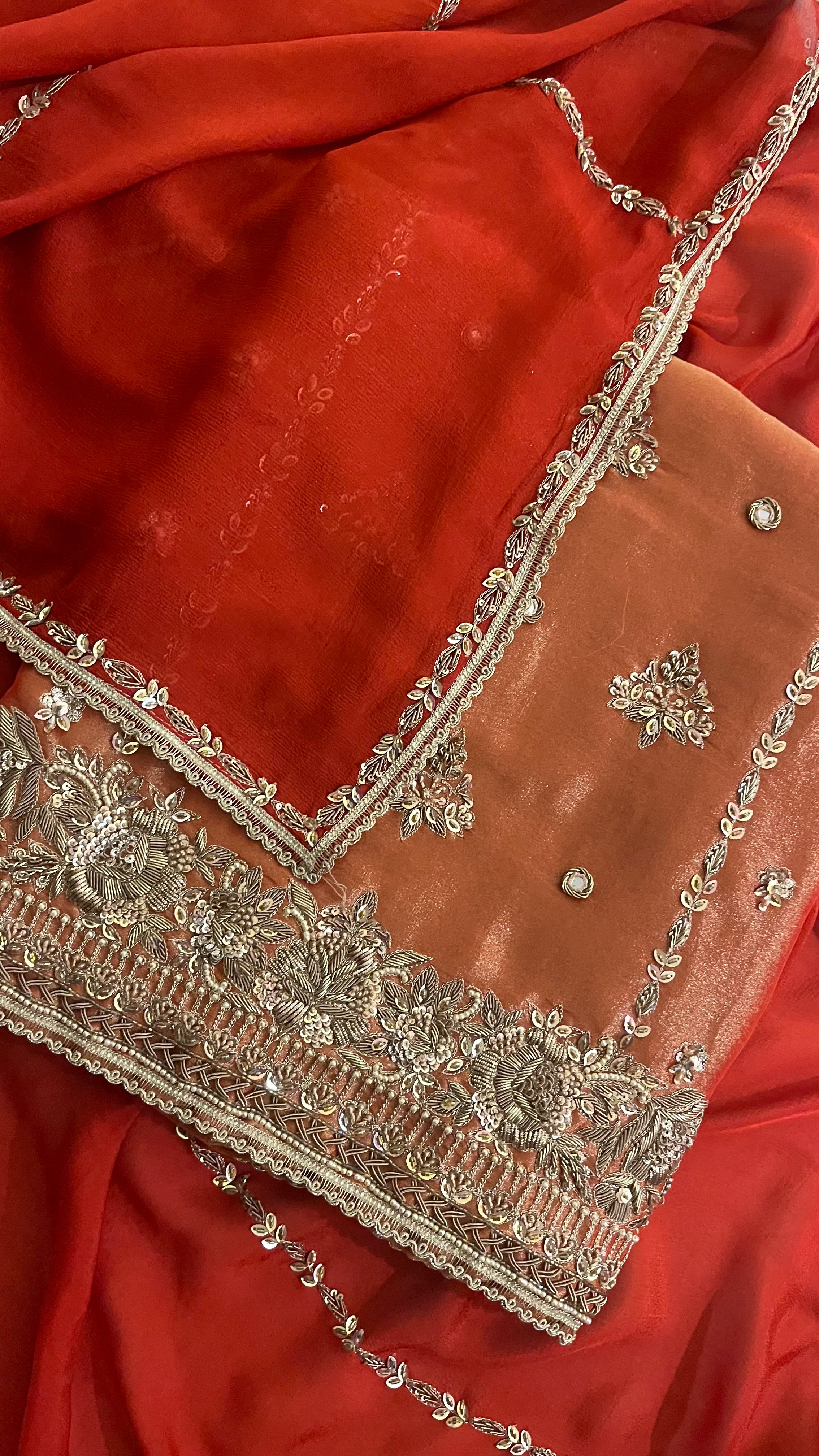 PEACH & RED HEAVY EMBROIDERED UNSTITCHED SUIT
