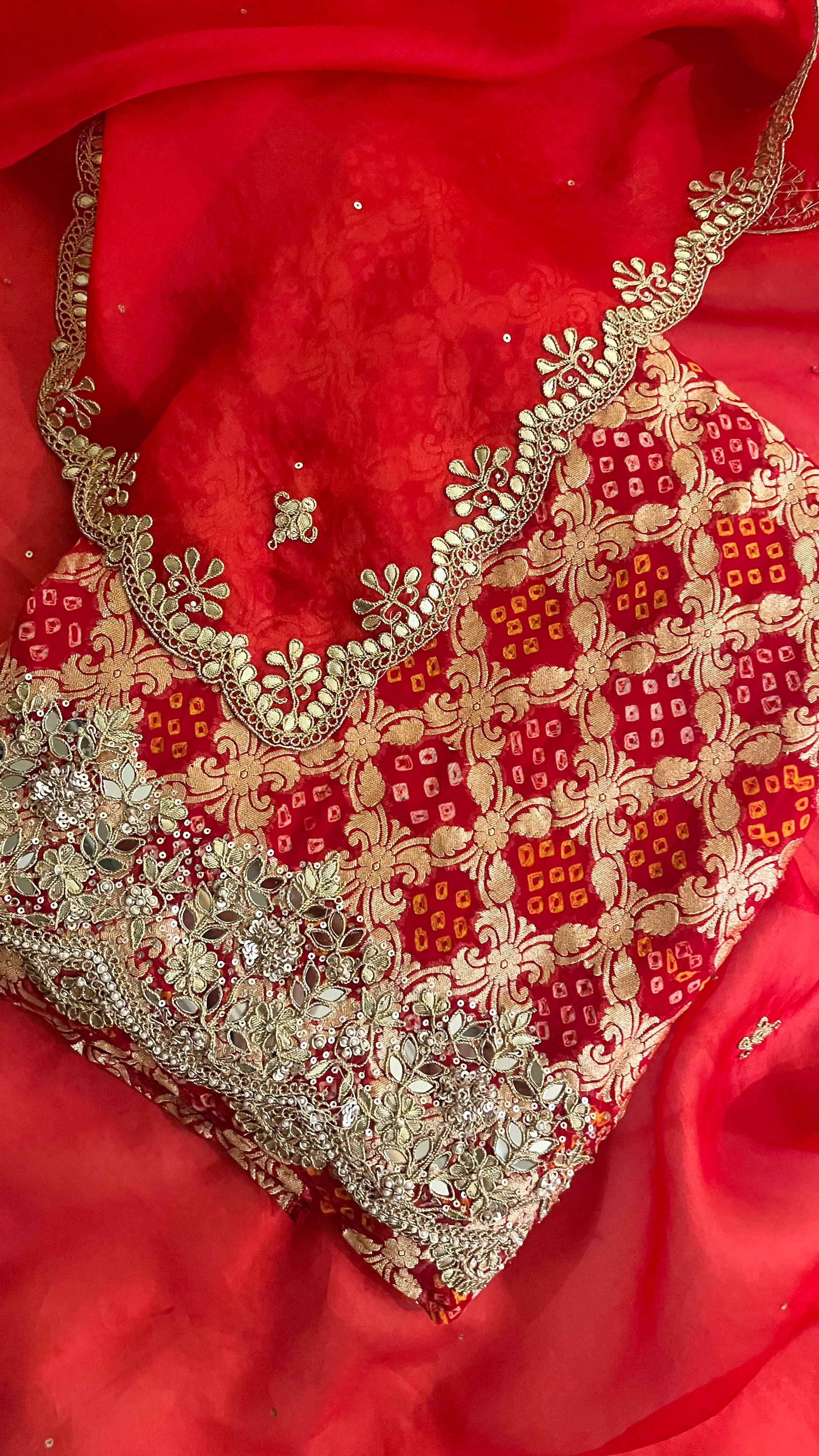 RED & GOLD EMBROIDERED UNSTITCHED SUIT
