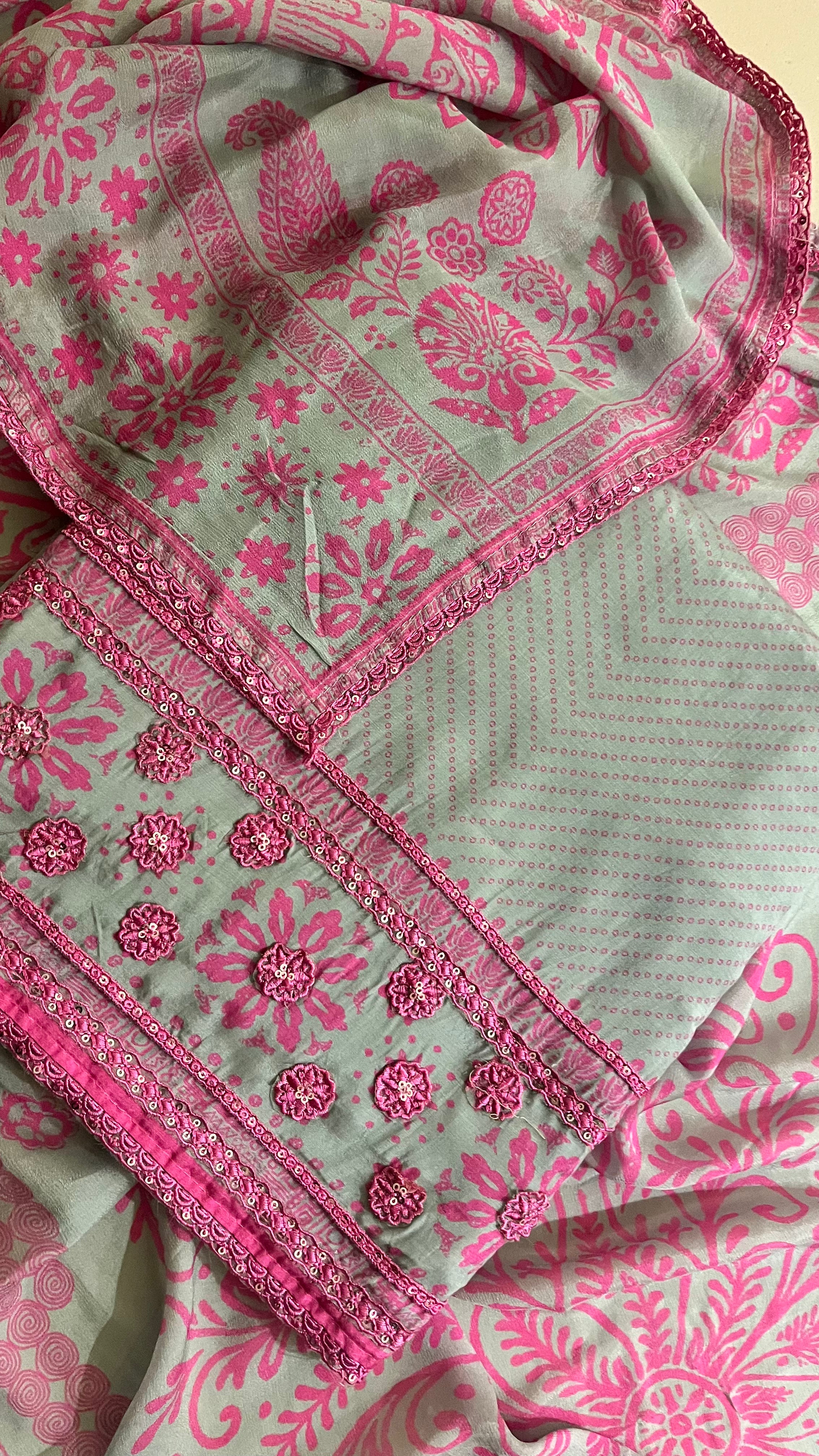MINT GREEN & PINK UNSTITCHED SUIT