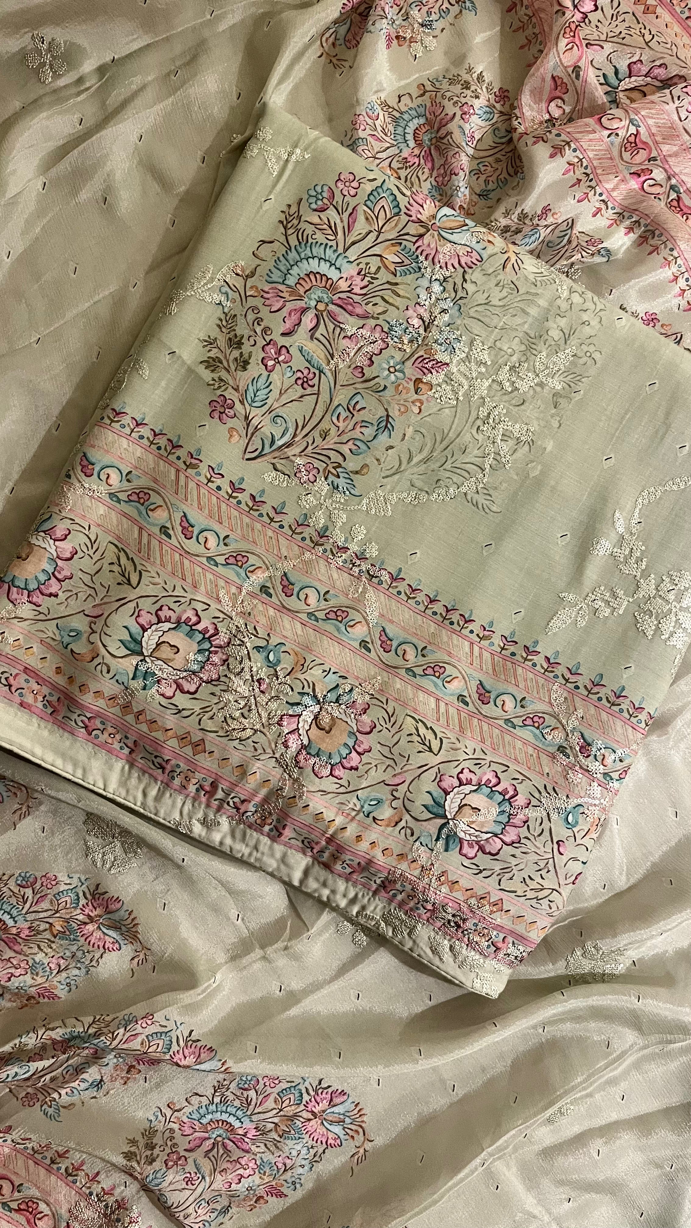 PASTEL GREEN FLORAL PRINTED UNSTITCHED SUIT