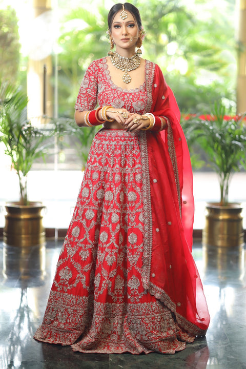 Red Raw Silk Embroidered Floral Sweetheart Cut Dana Work Lehenga Set For Women