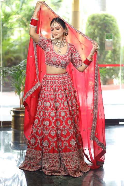 Red Raw Silk Embroidered Floral Sweetheart Cut Dana Work Lehenga Set For Women