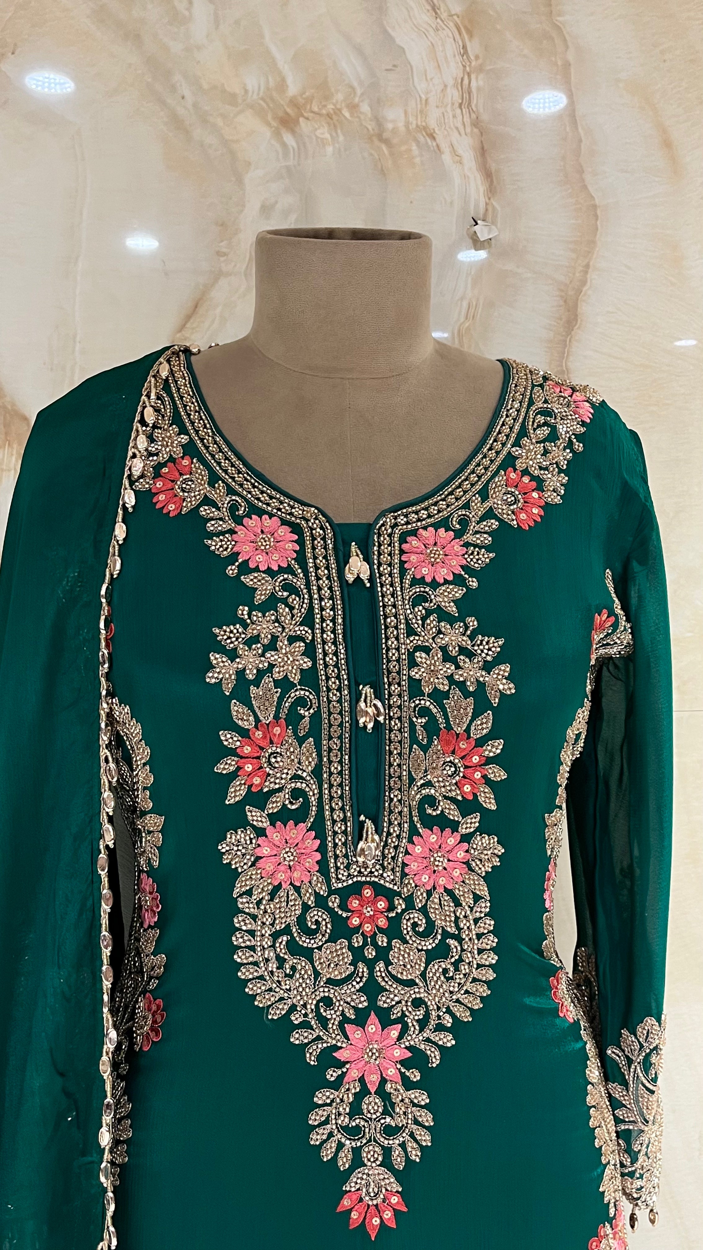 EMERALD GREEN EMBROIDERED PANT SUIT
