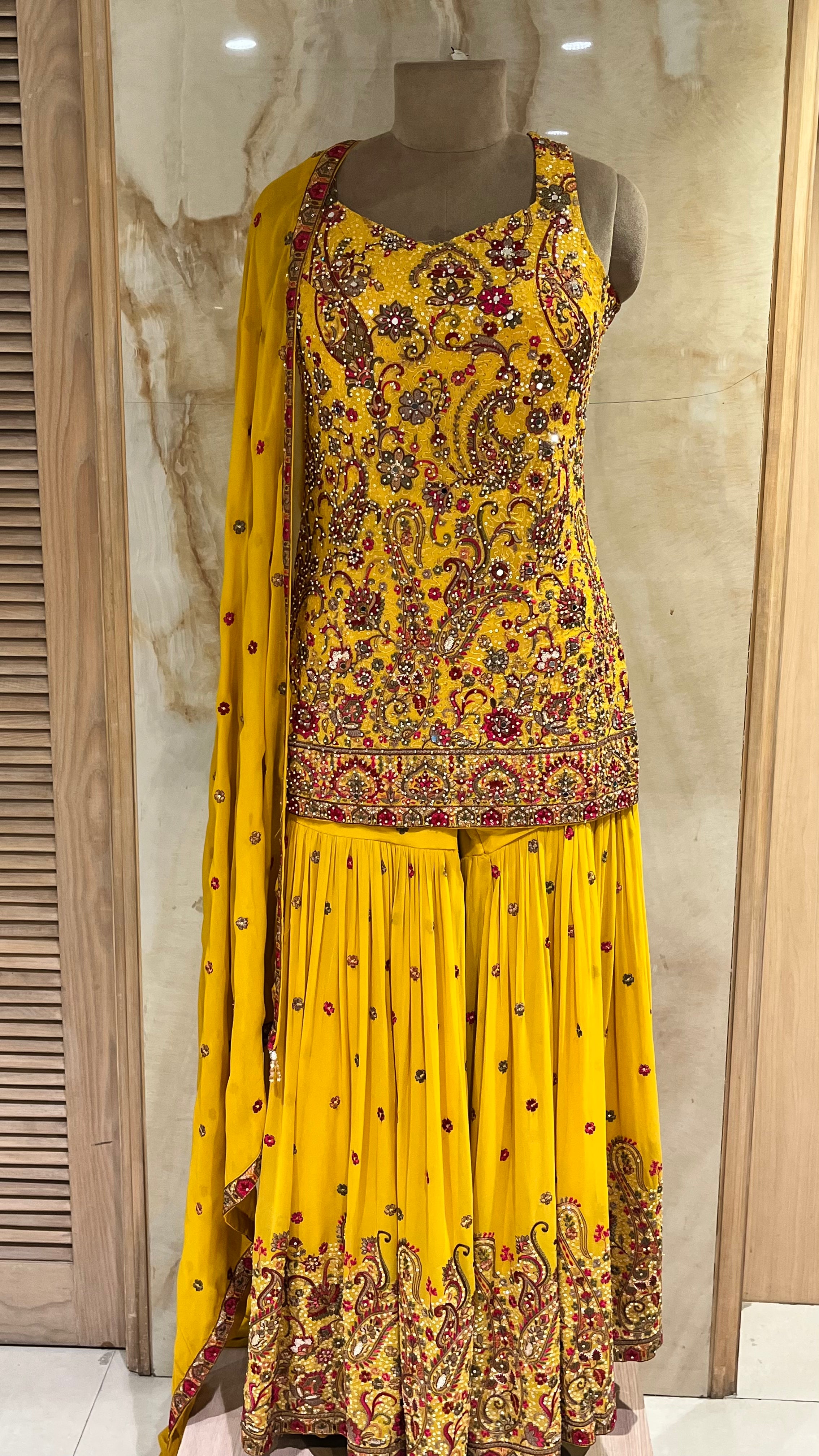 MUSTARD YELLOW EMBROIDERED SHARARA SUIT