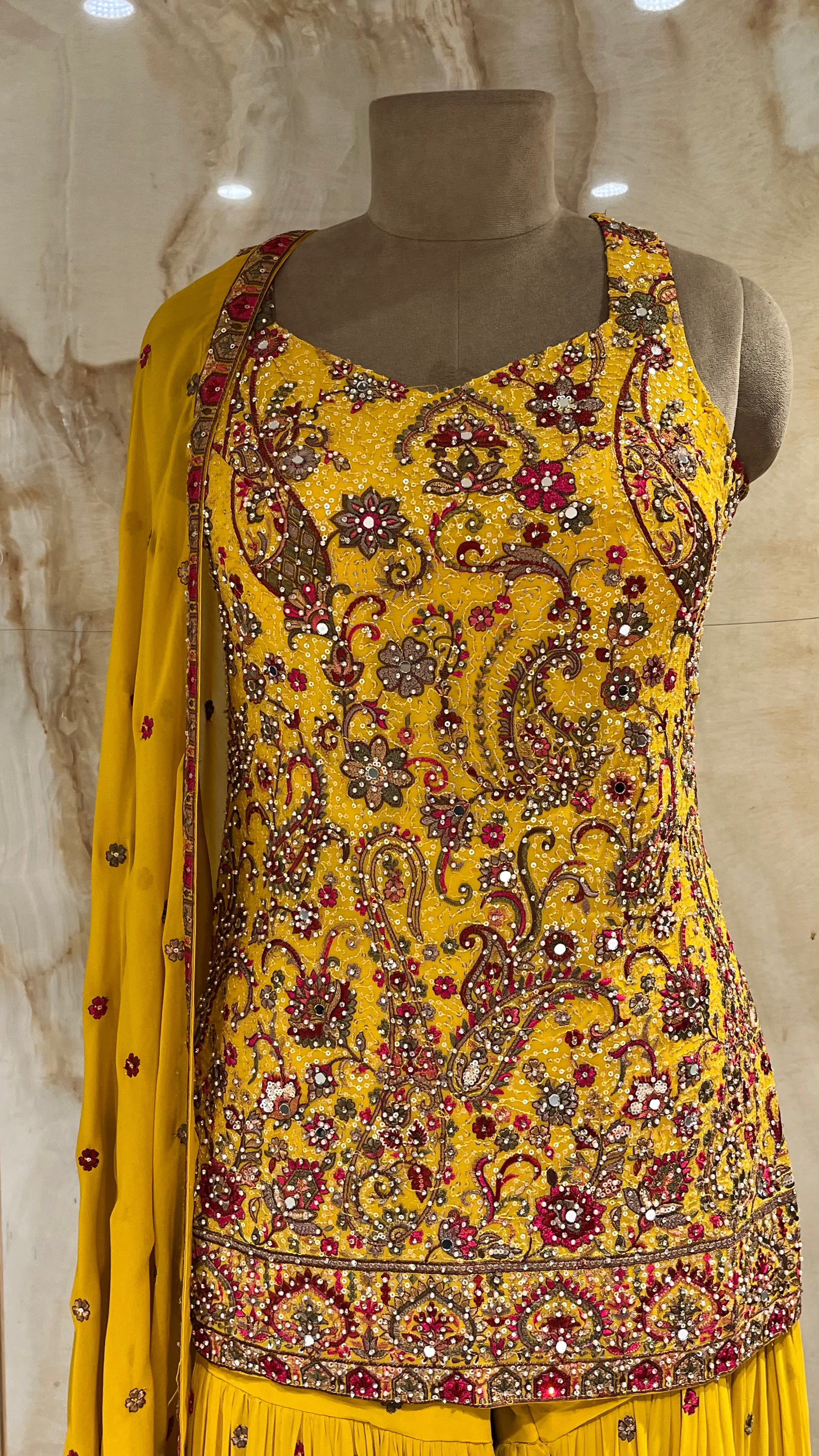 MUSTARD YELLOW EMBROIDERED SHARARA SUIT