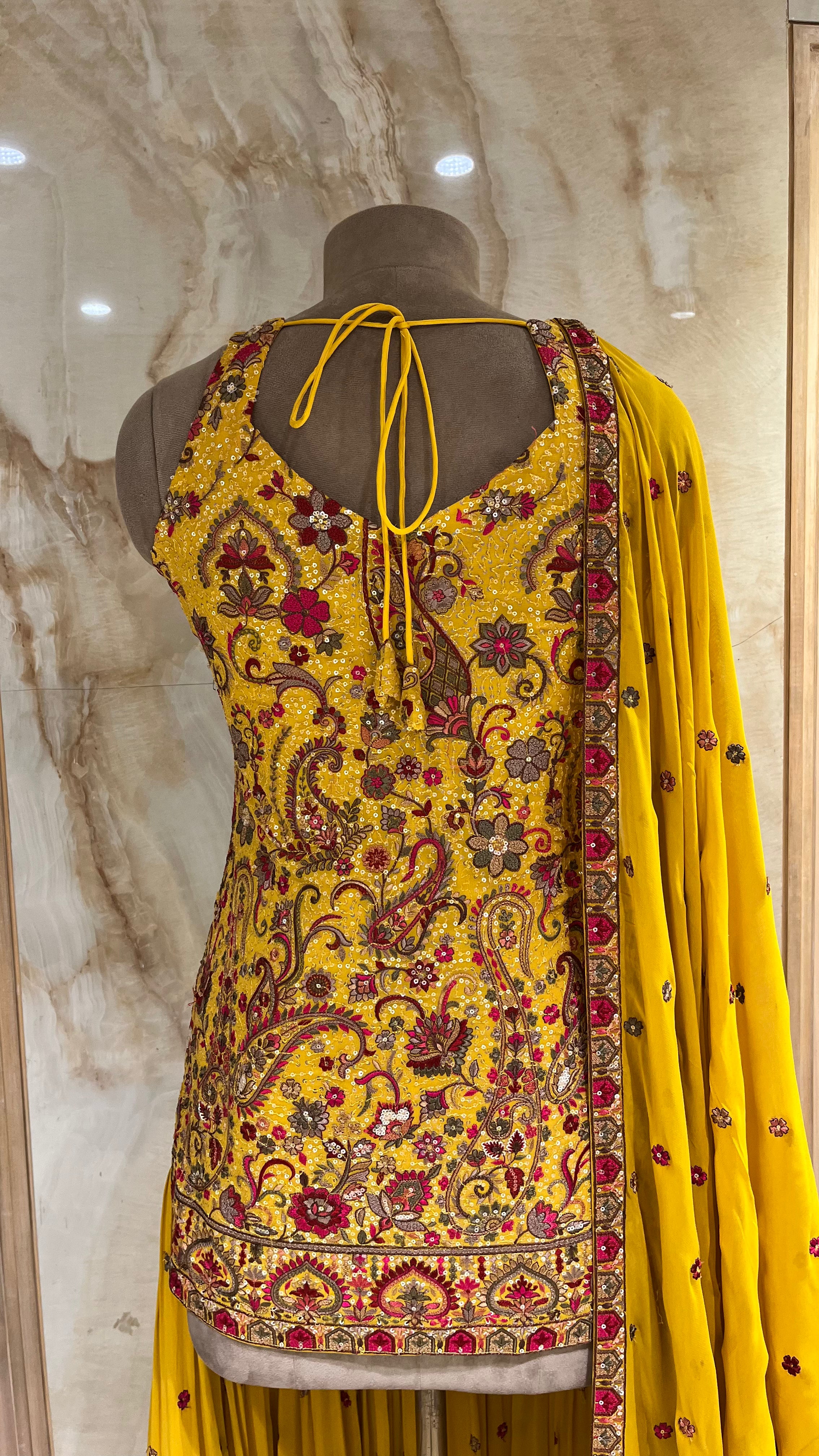 MUSTARD YELLOW EMBROIDERED SHARARA SUIT