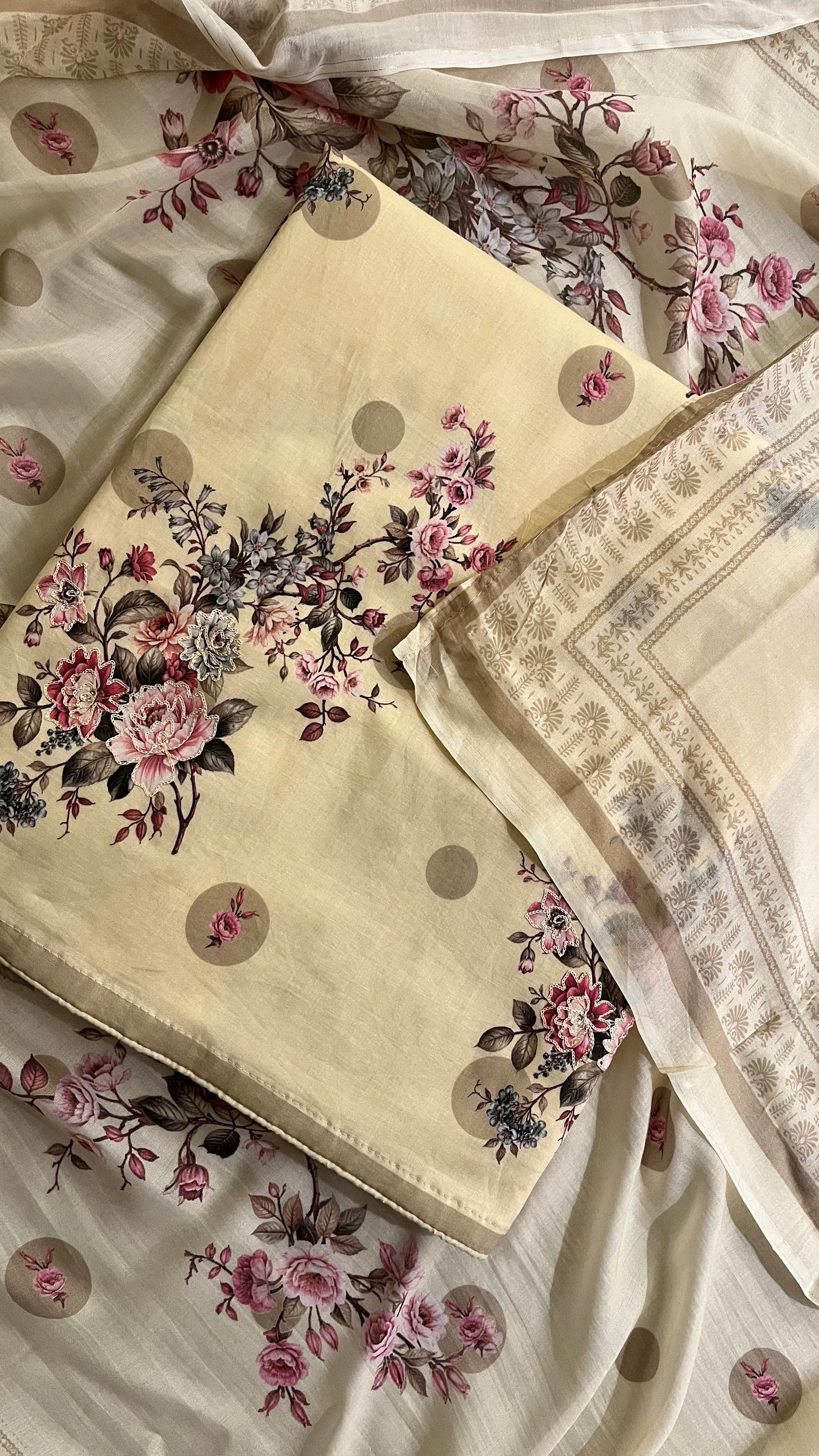 BEIGE FLORAL PRINTED UNSTITCHED SUIT