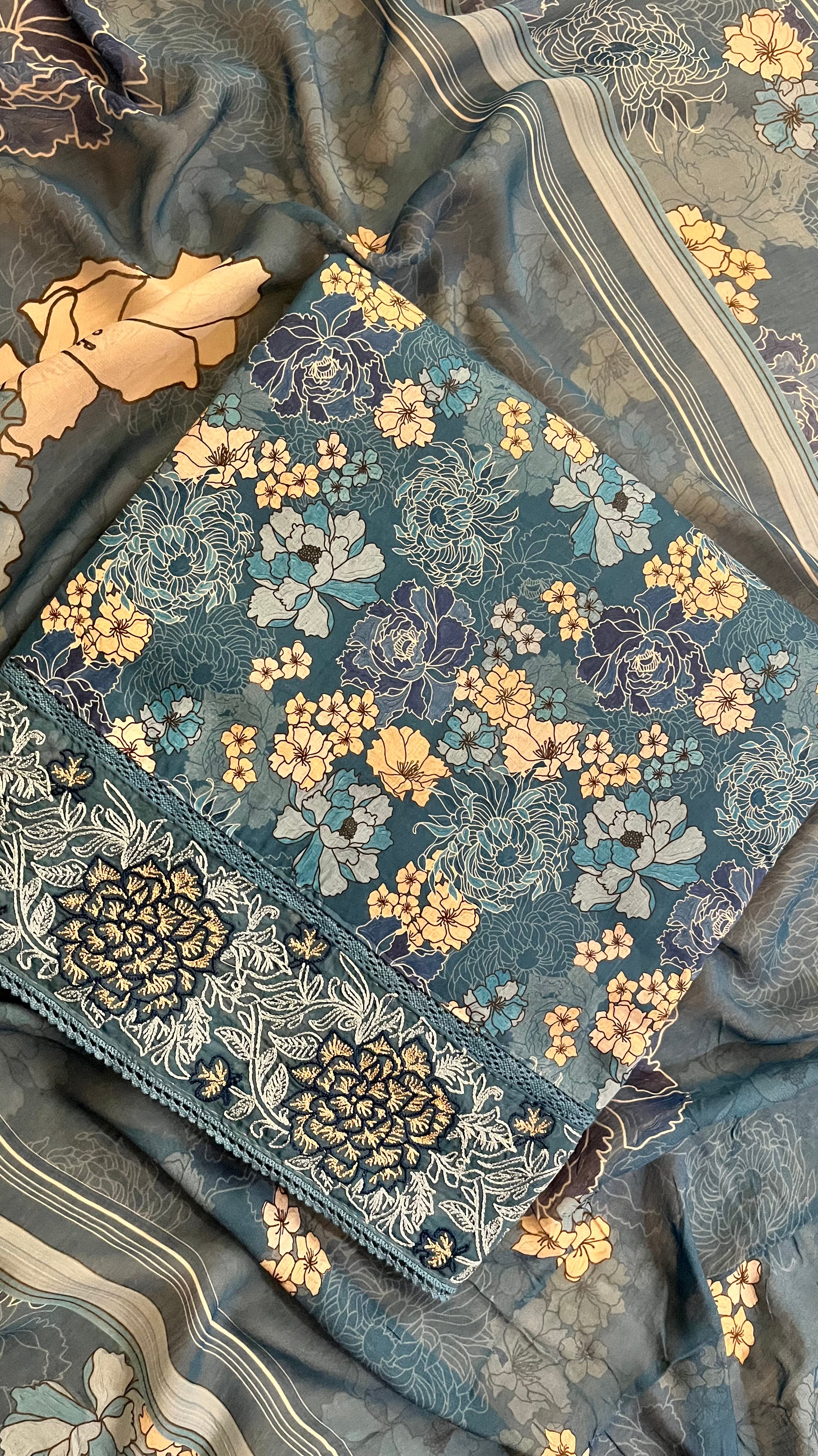 TEAL FLORAL PRINTED UNSTITCHED SUIT