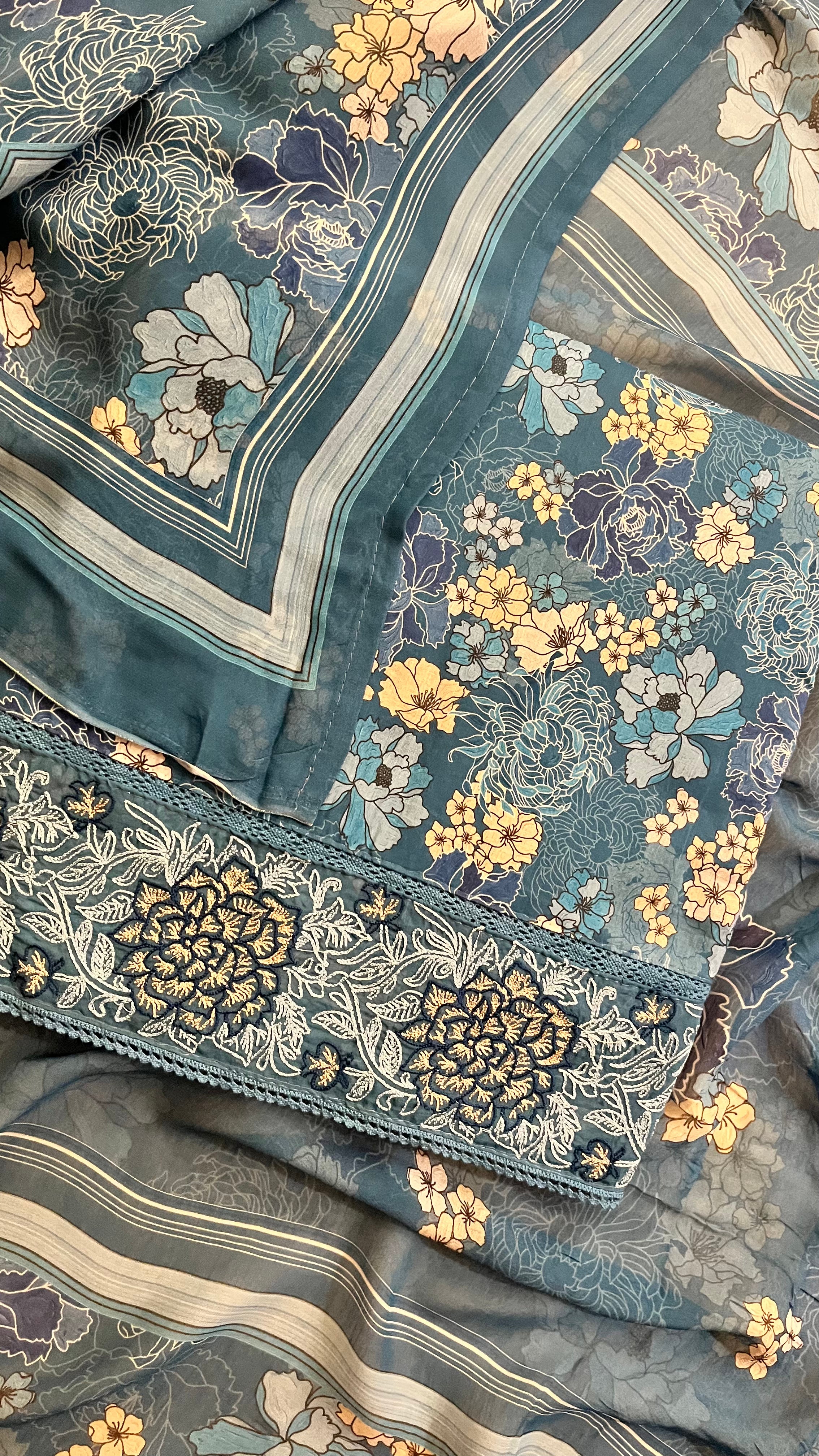 TEAL FLORAL PRINTED UNSTITCHED SUIT