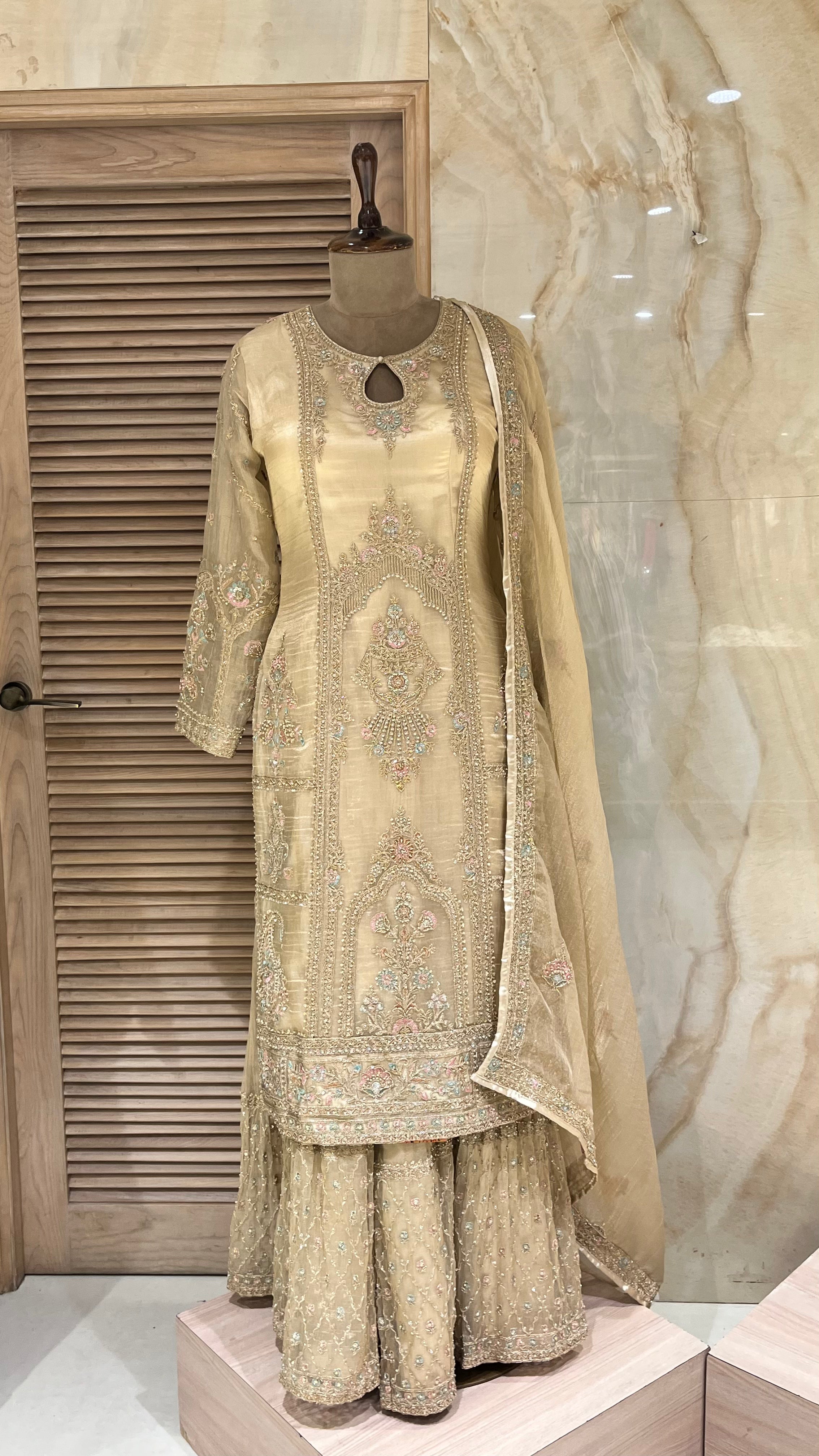 BEIGE EMBROIDERED SHARARA SUIT