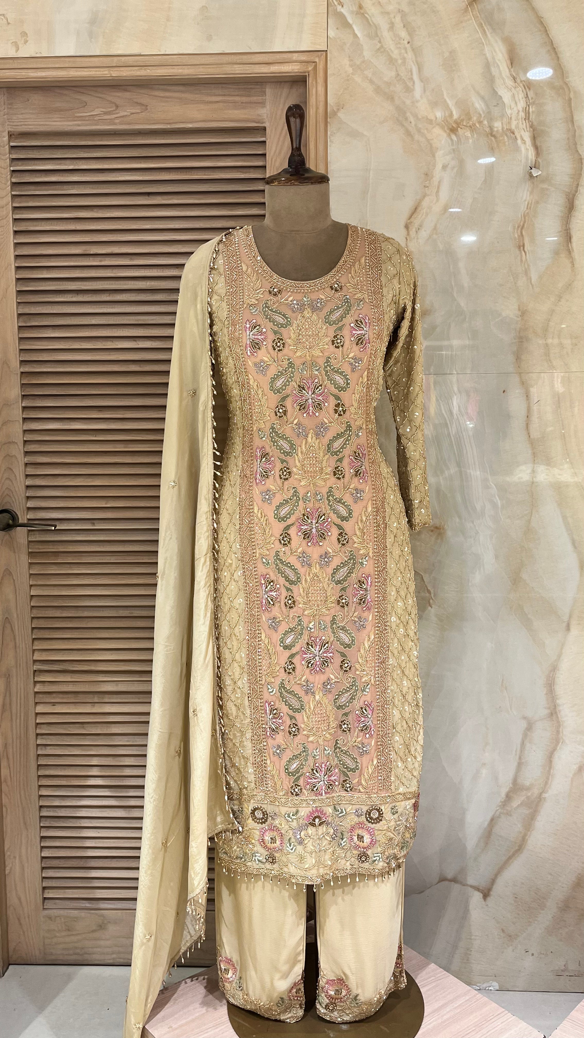 PEACH & BEIGE EMBROIDERED SUIT