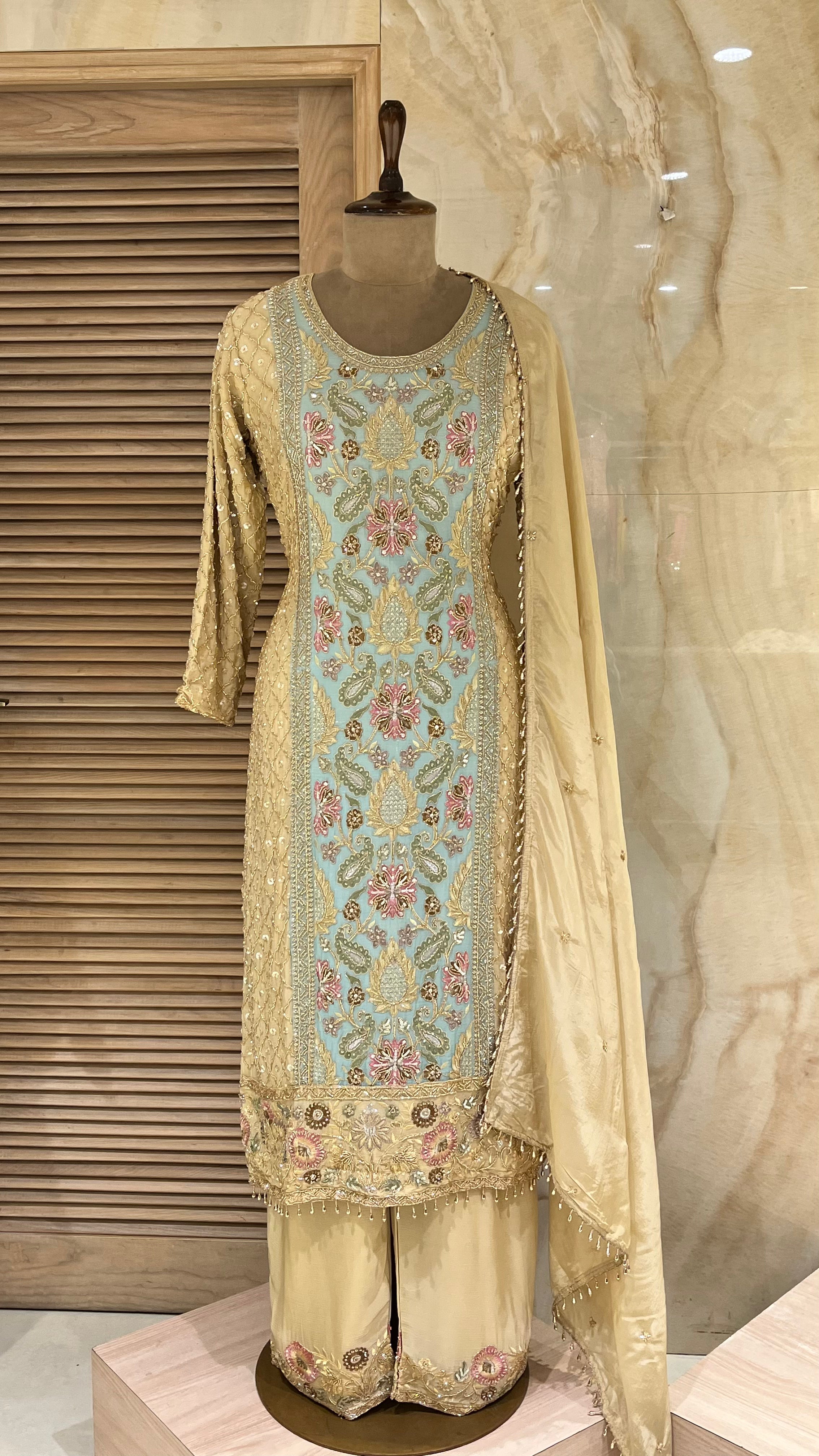 PASTEL BLUE & BEIGE EMBROIDERED SUIT