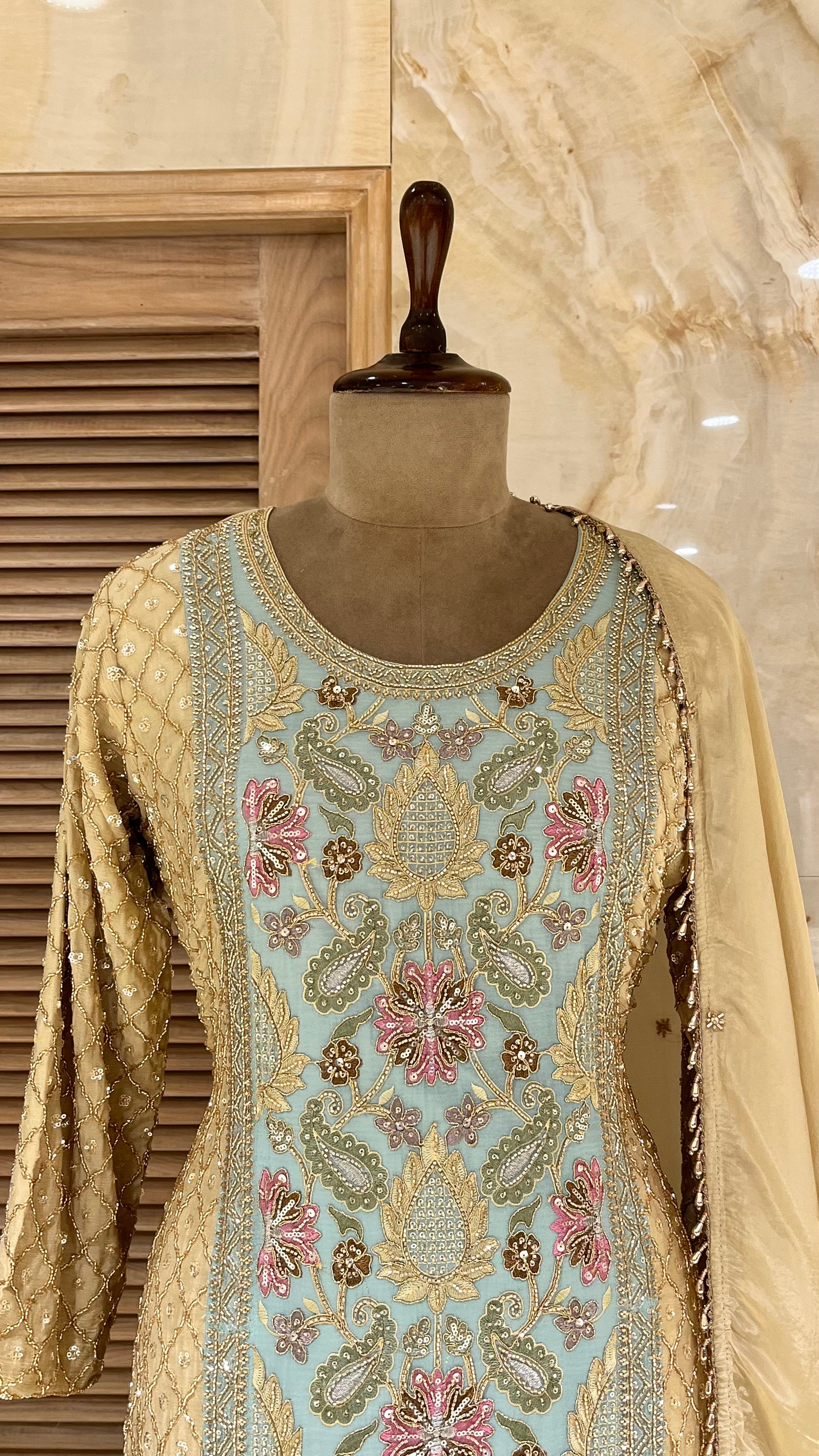 PASTEL BLUE & BEIGE EMBROIDERED SUIT