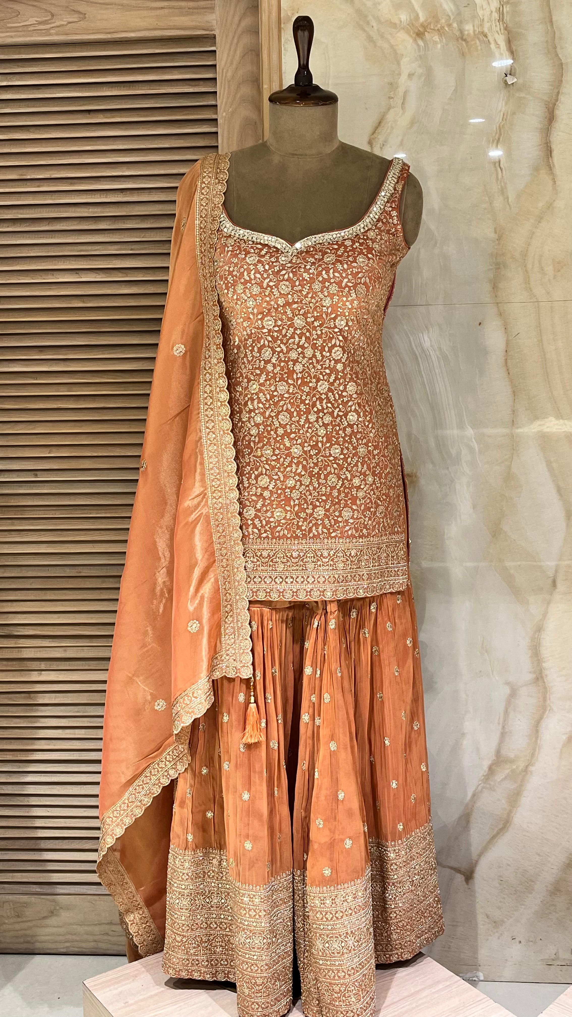 PEACH EMBROIDERED SHARARA SUIT