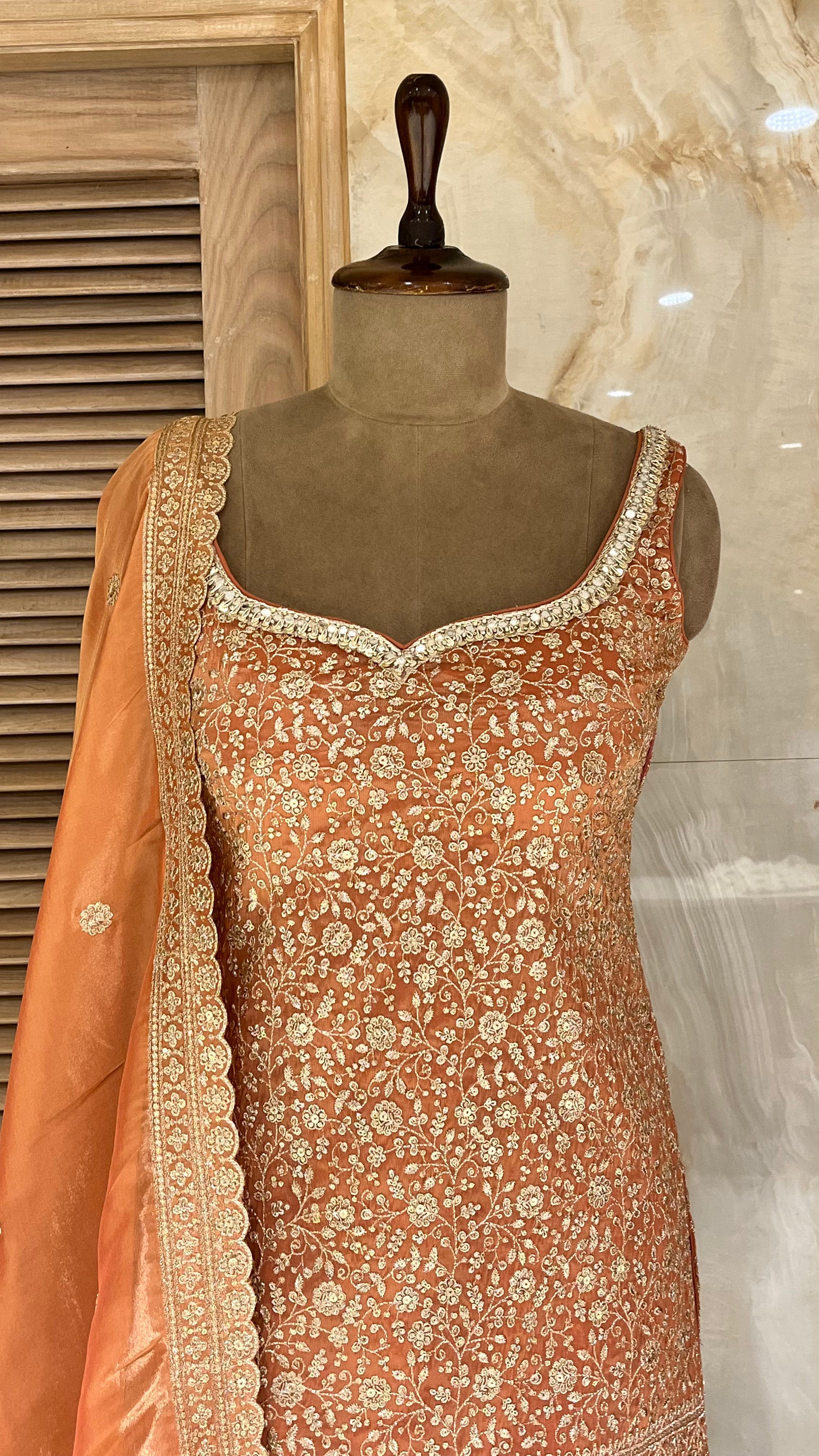 PEACH EMBROIDERED SHARARA SUIT
