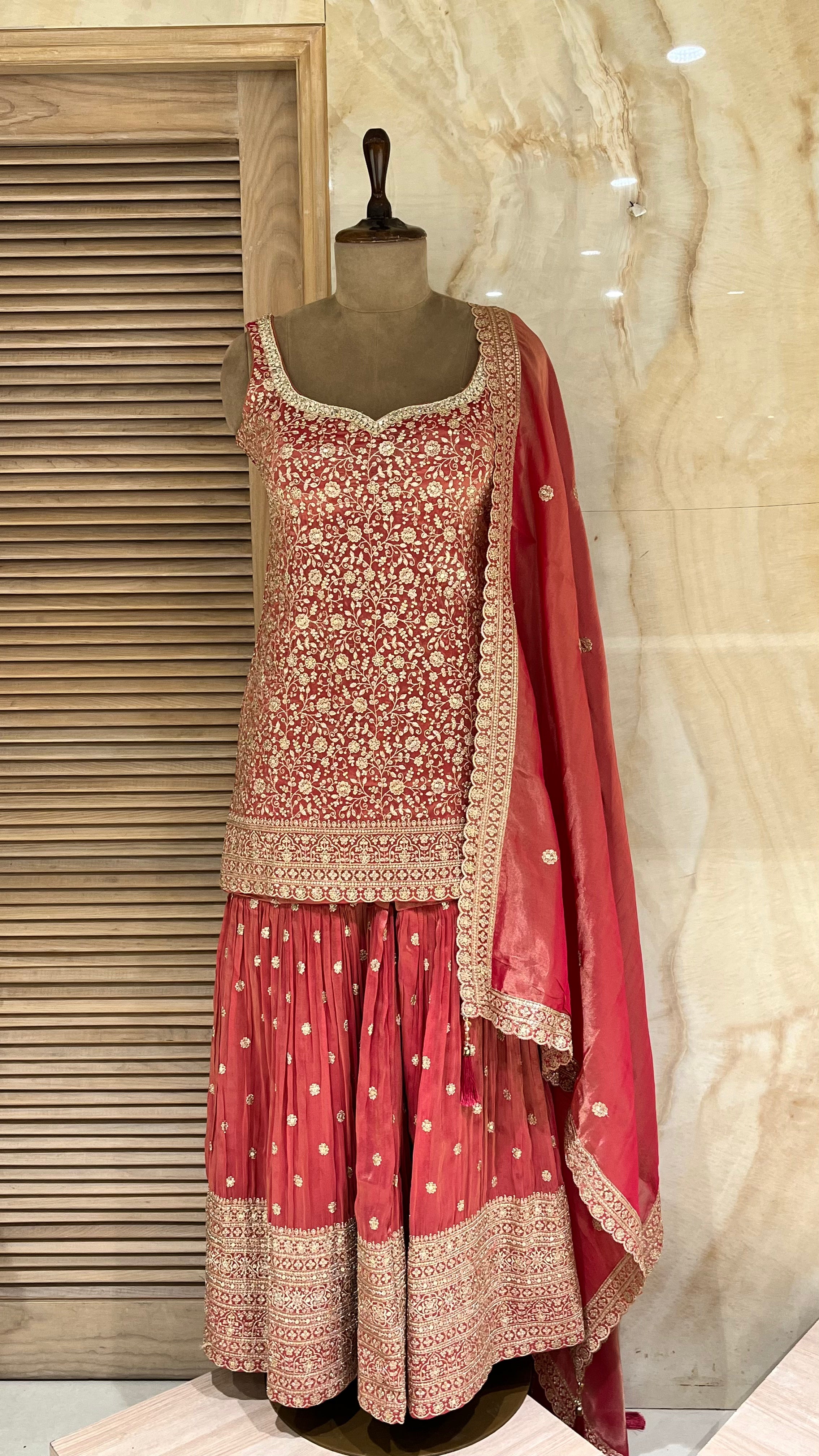 RED EMBROIDERED SHARARA SUIT