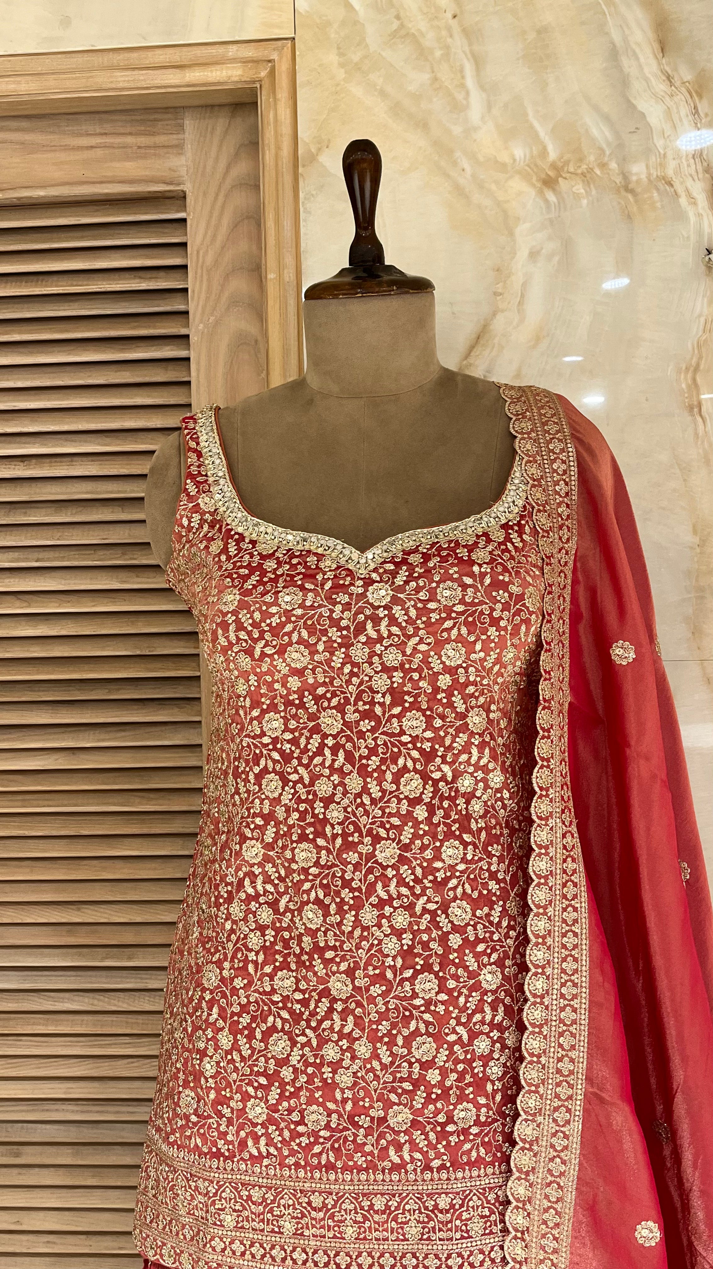 RED EMBROIDERED SHARARA SUIT