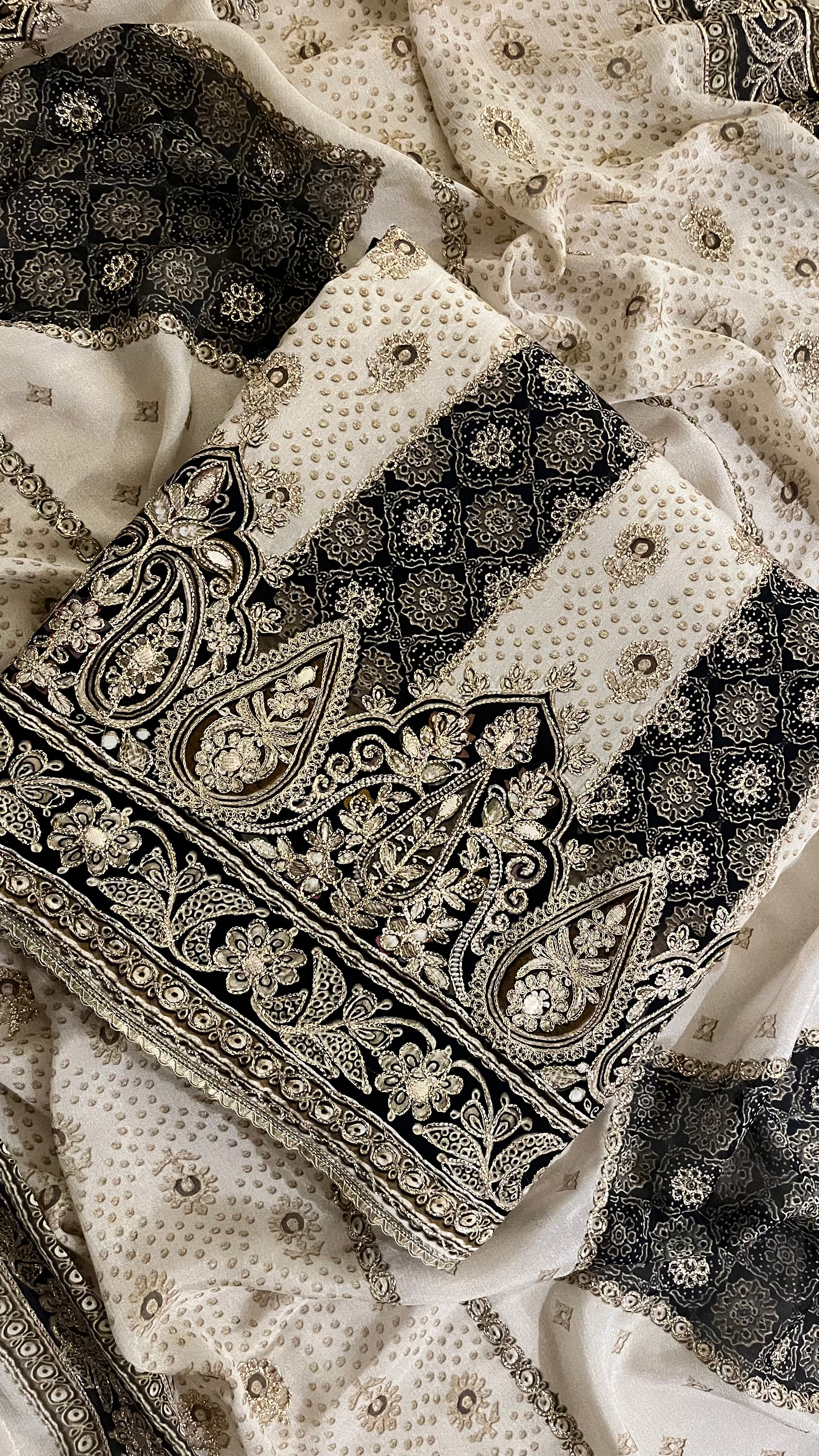 BLACK & BEIGE EMBROIDERED UNSTITCHED SUIT