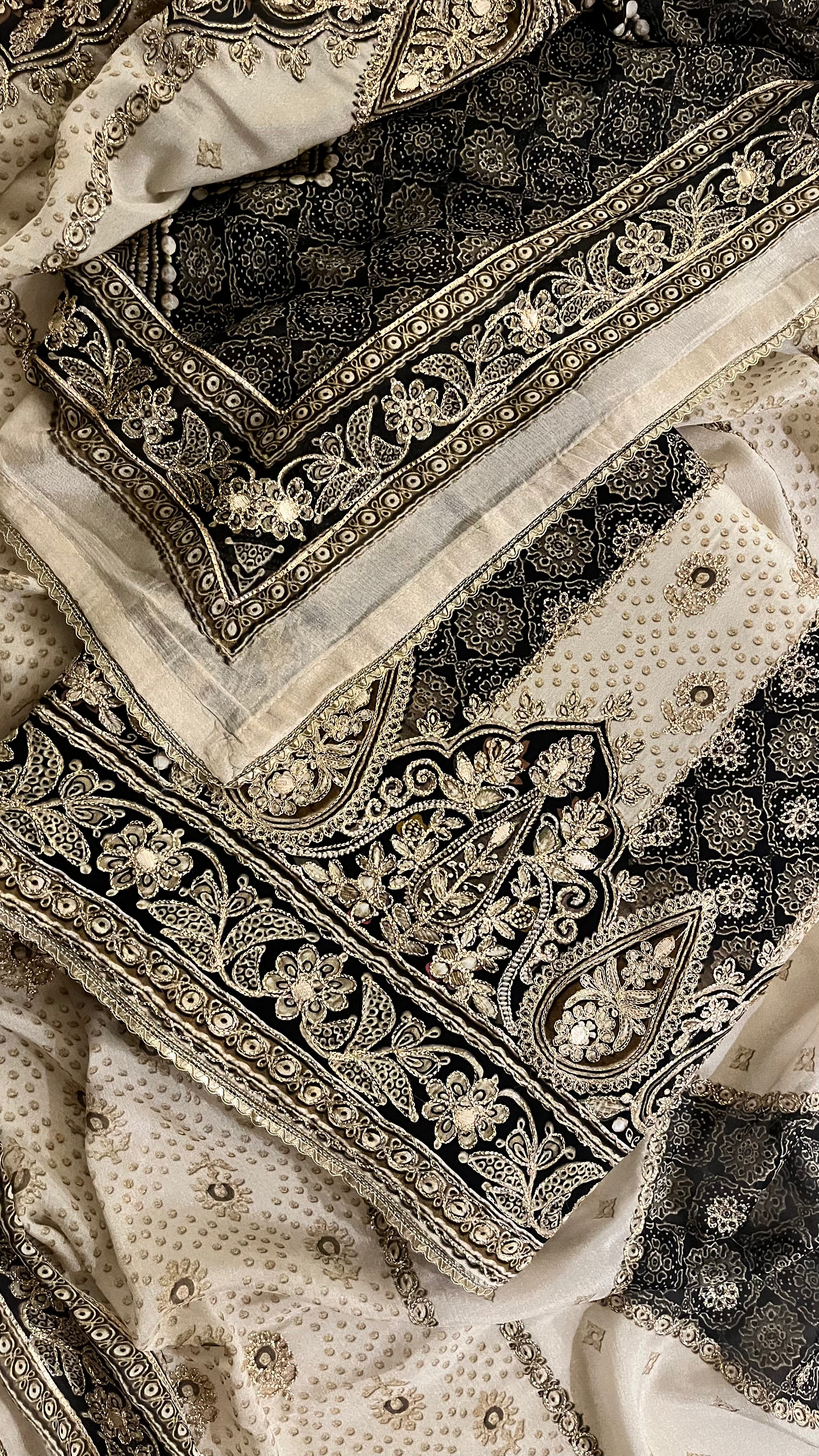 BLACK & BEIGE EMBROIDERED UNSTITCHED SUIT