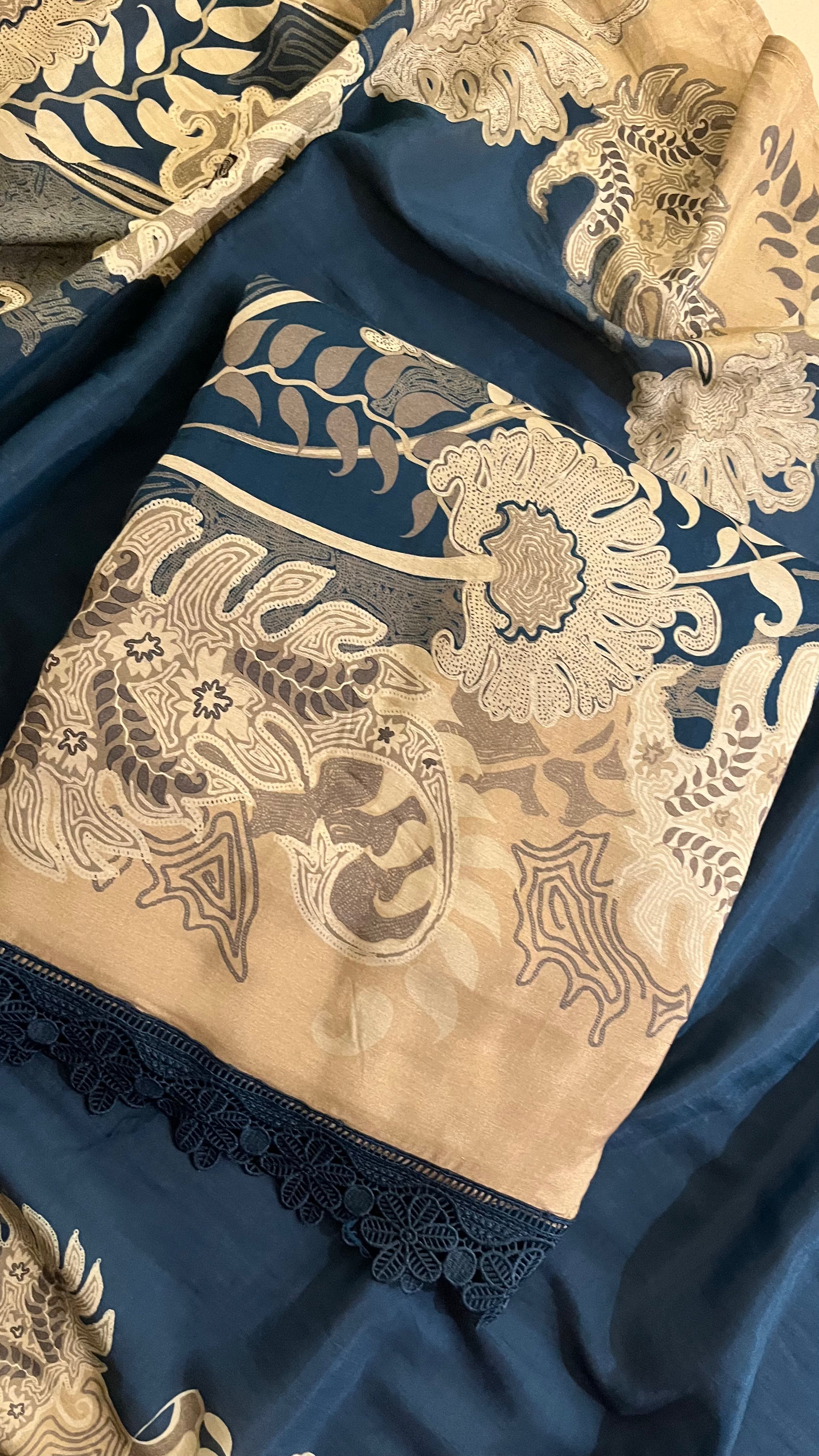 NAVY BLUE & BEIGE PRINTED & EMBROIDERED UNSTITCHED SUIT