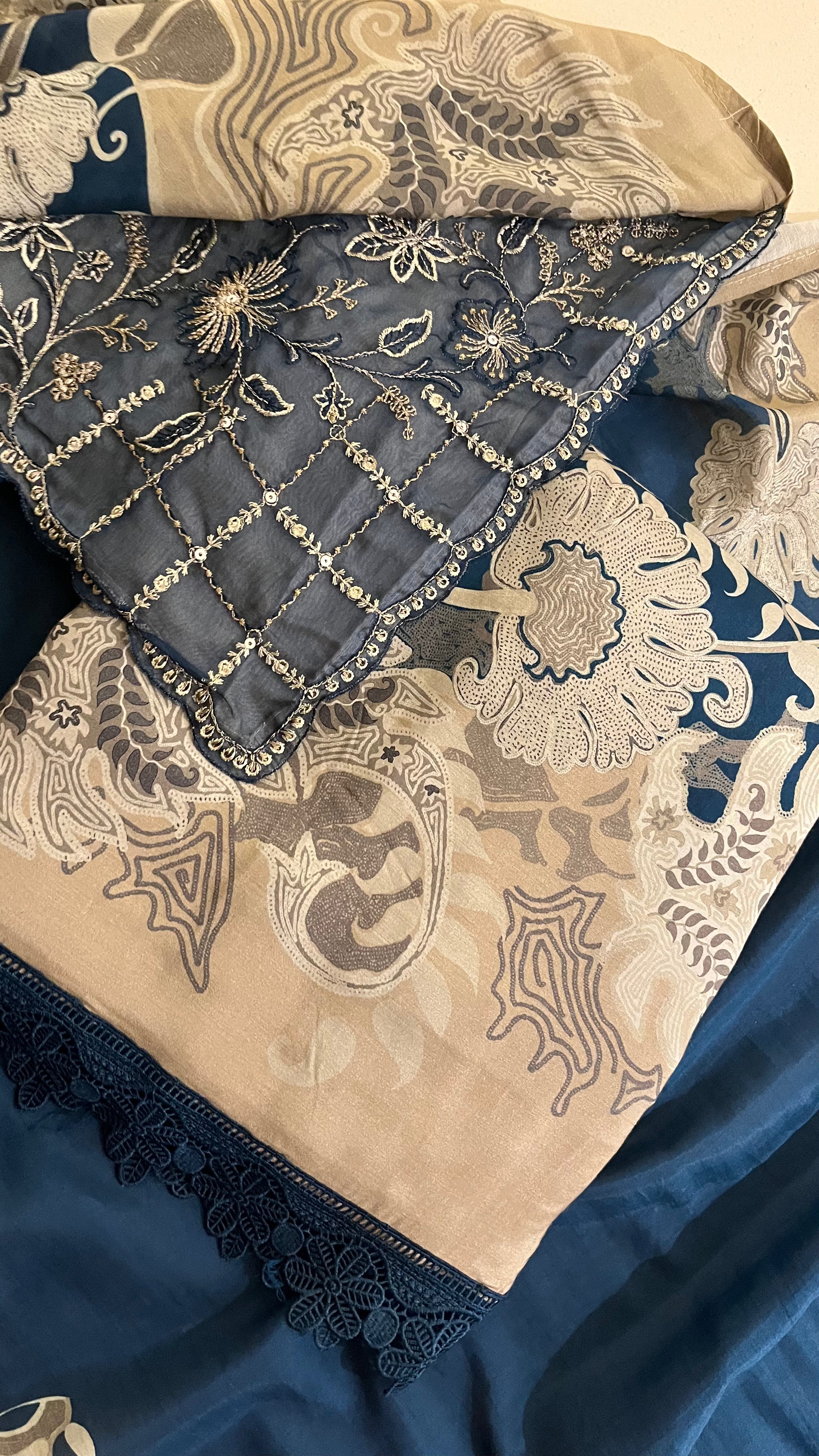 NAVY BLUE & BEIGE PRINTED & EMBROIDERED UNSTITCHED SUIT