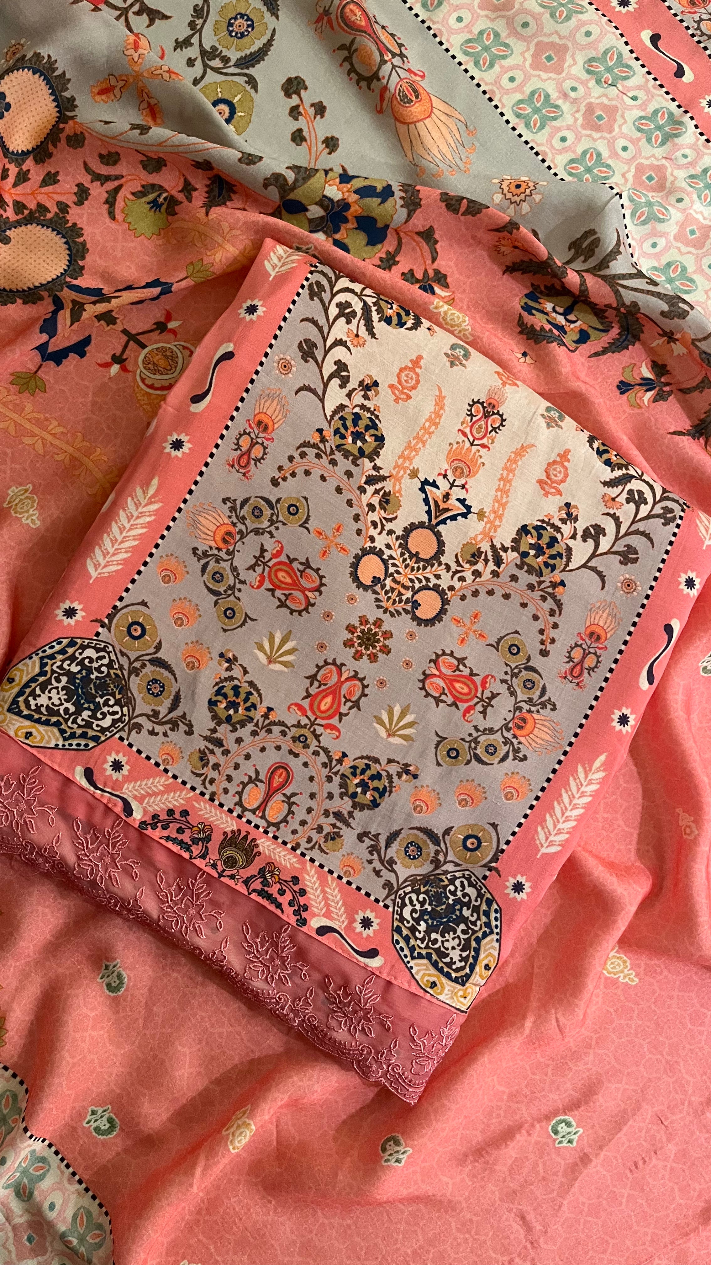 CORAL PINK PRINTED UNSTITCHED SUIT