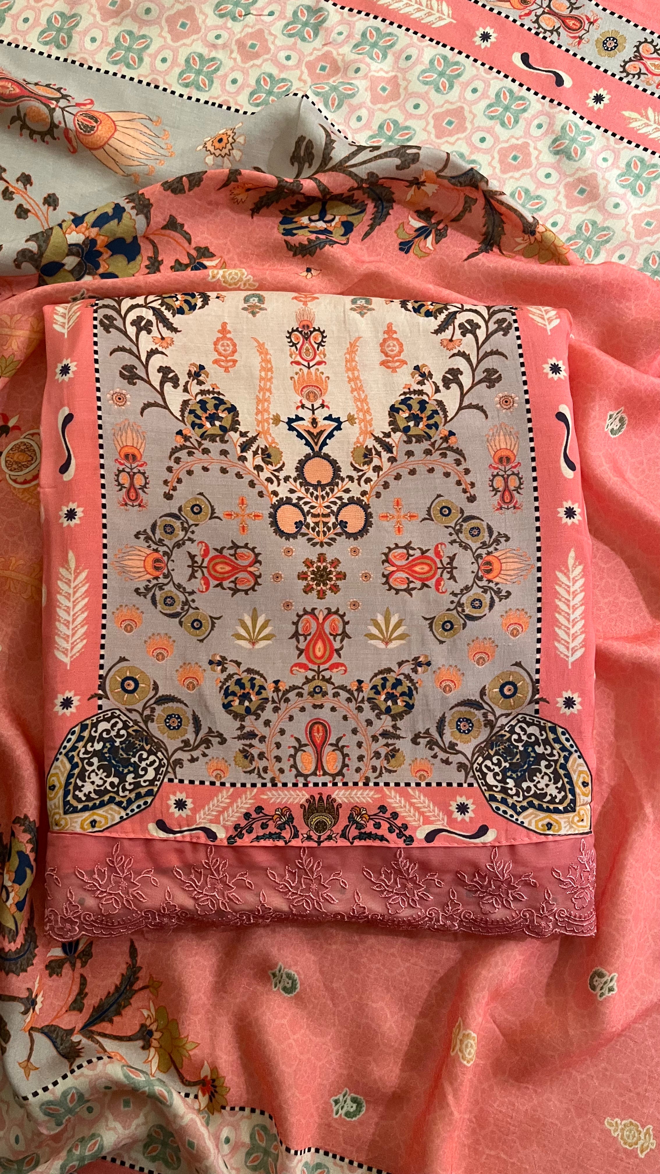CORAL PINK PRINTED UNSTITCHED SUIT