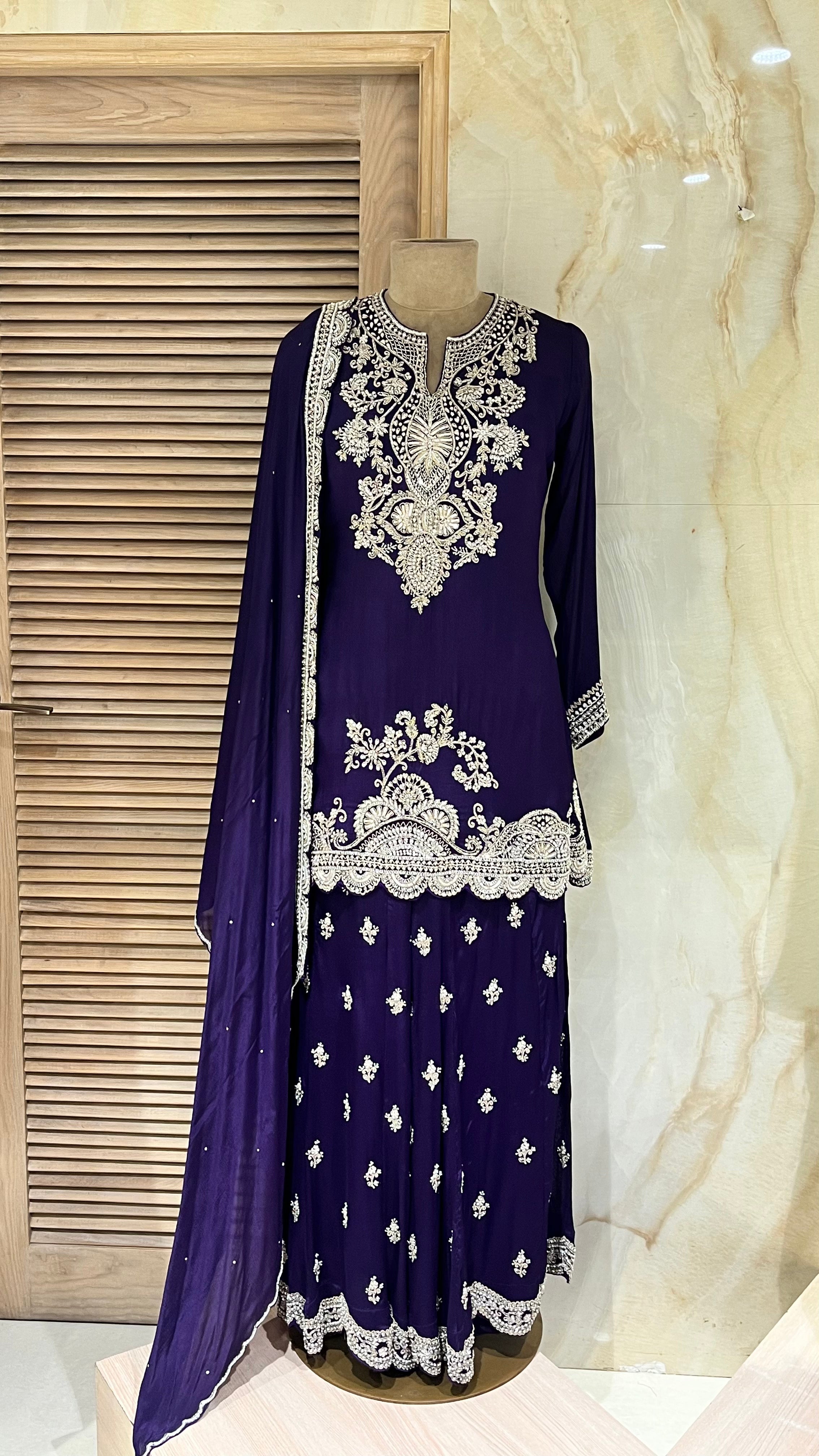 DARK PURPLE EMBROIDERED SHARARA SUIT