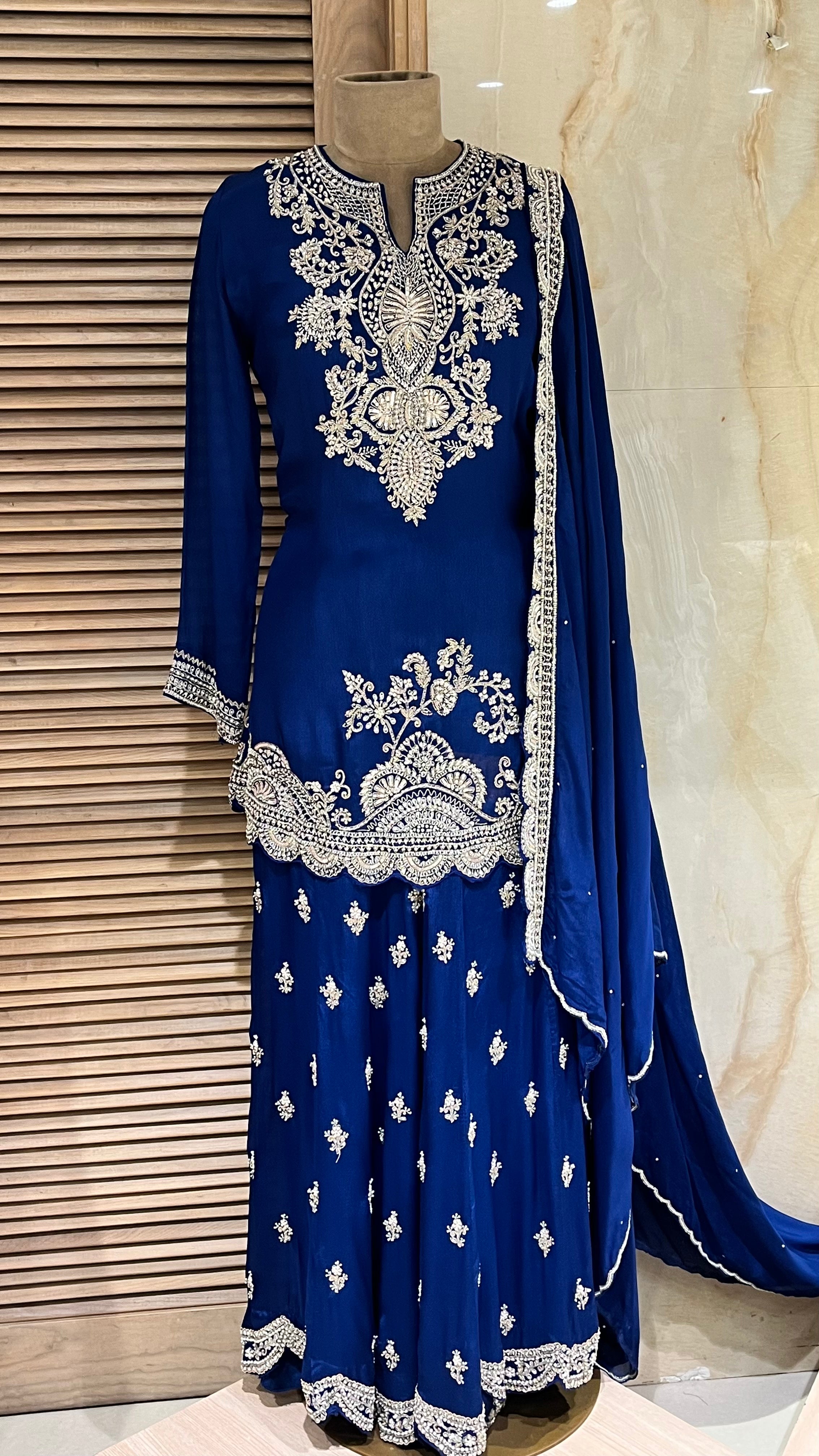 ROYAL BLUE EMBROIDERED SHARARA SUIT