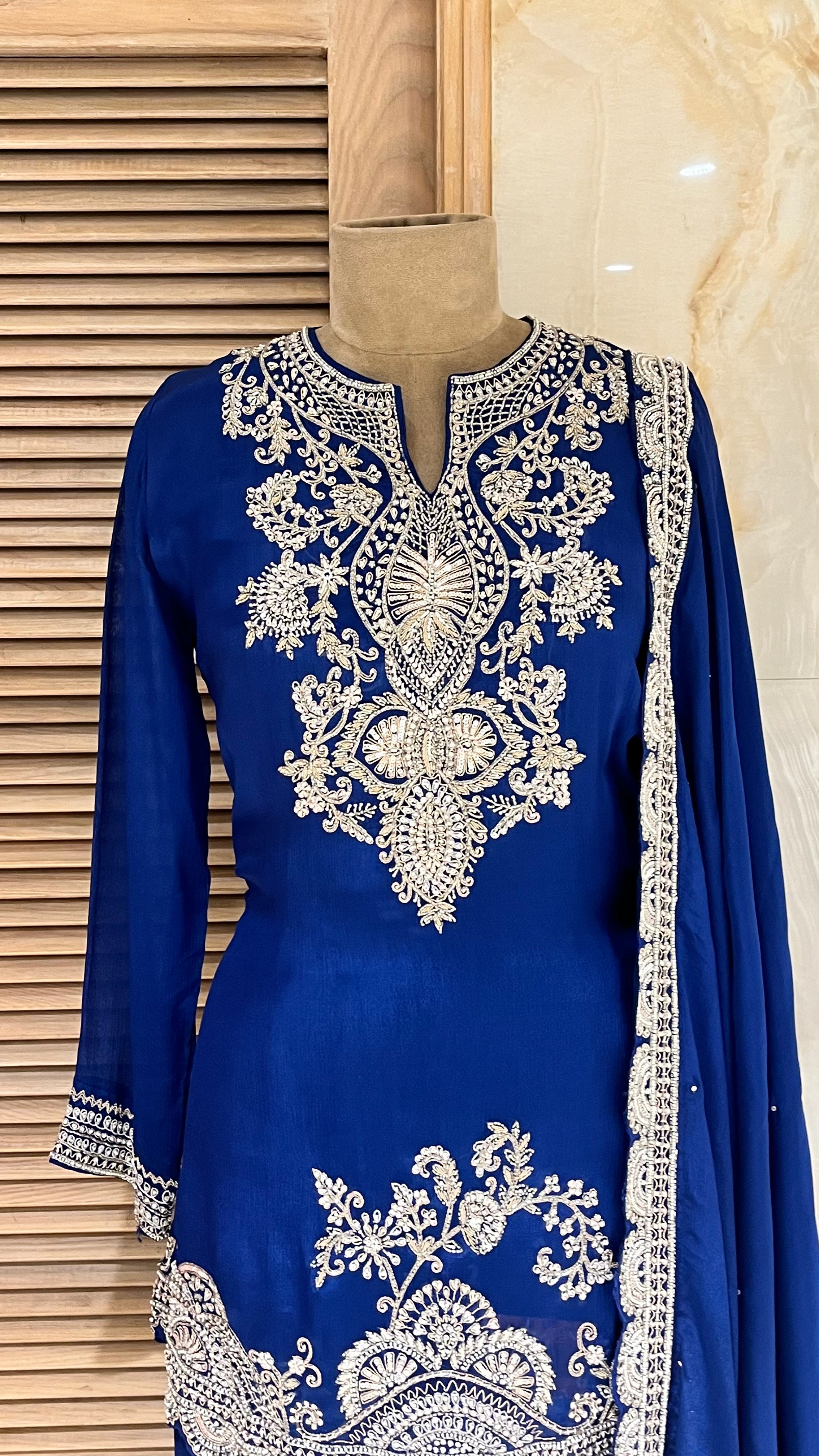 ROYAL BLUE EMBROIDERED SHARARA SUIT